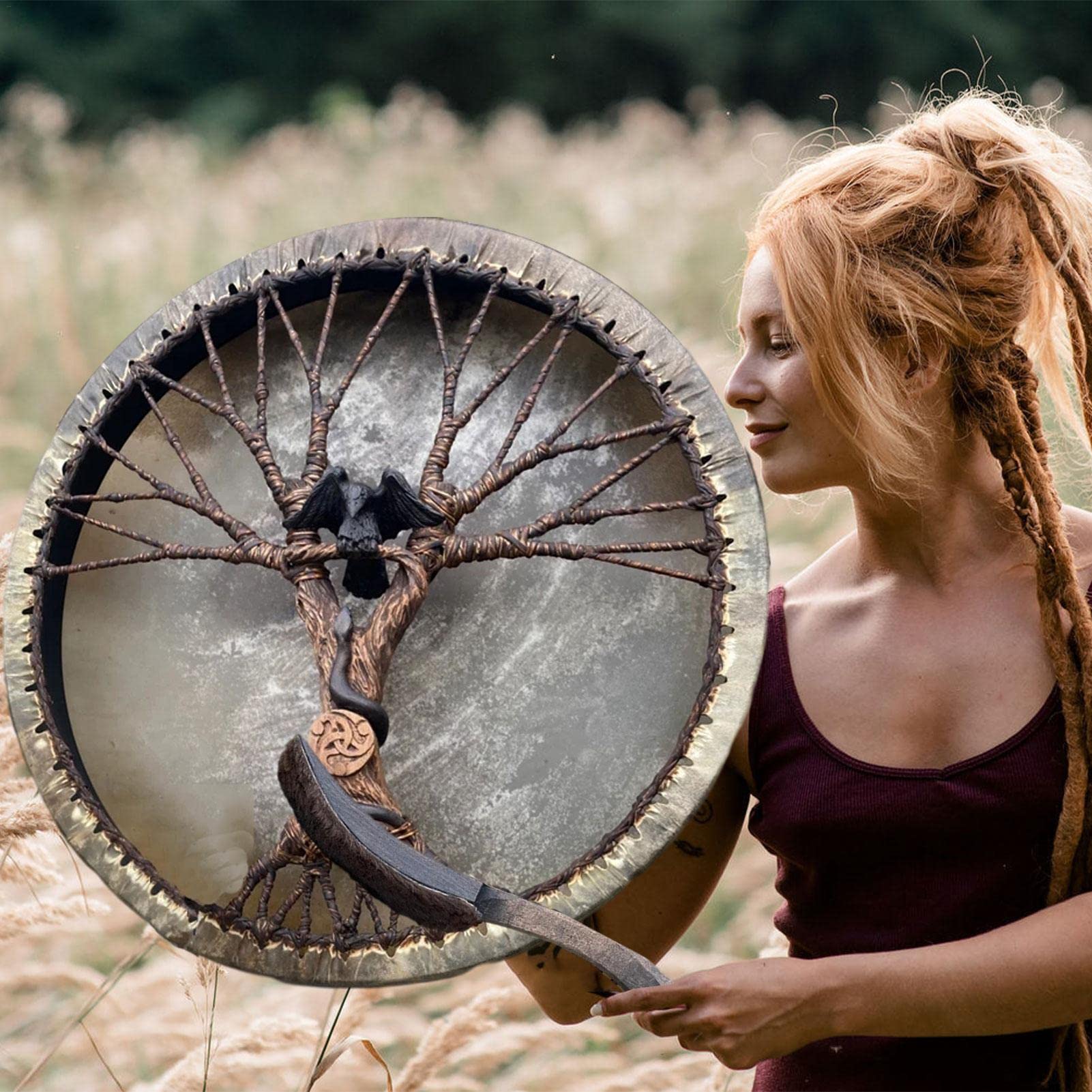Yeeda Schamanische Trommeln, Schamanische Trommeln mit Trommelstock, Handgefertigtes sibirisches Trommelklang-Heilwerkzeug, Symbol der spirituellen Musik der sibirischen Trommel