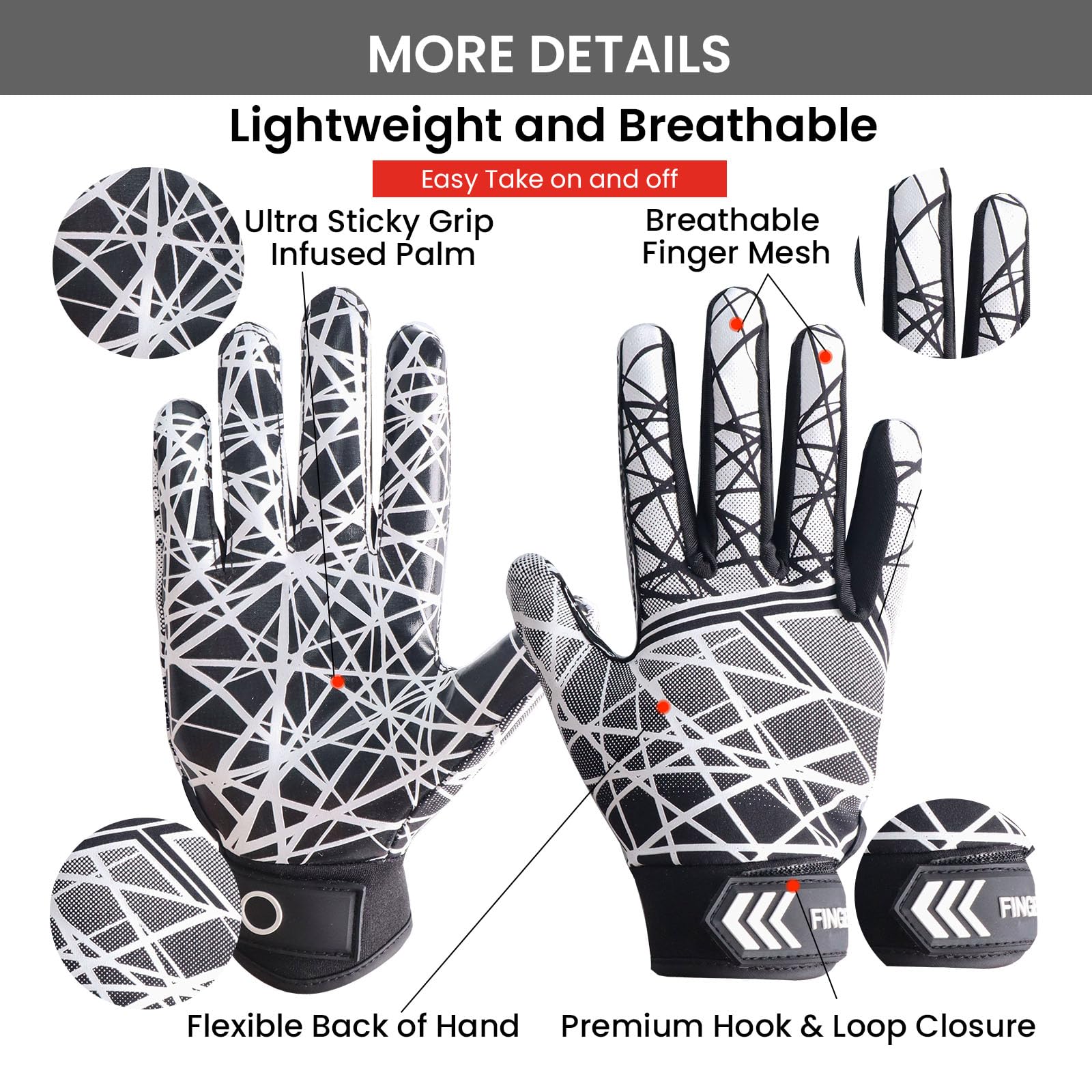 FINGER TEN American Football Gloves Youth Kids Ultra Tack Sticky Non-Slip Palm Receivers - Image 2