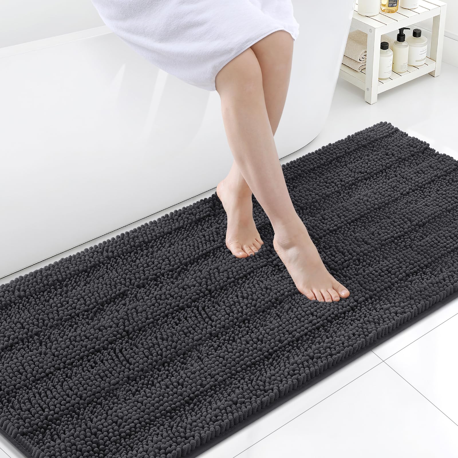 Grandaily Chenille Bathroom Rugs 70x24, Soft Absorbent Bath Mats, Charcoal