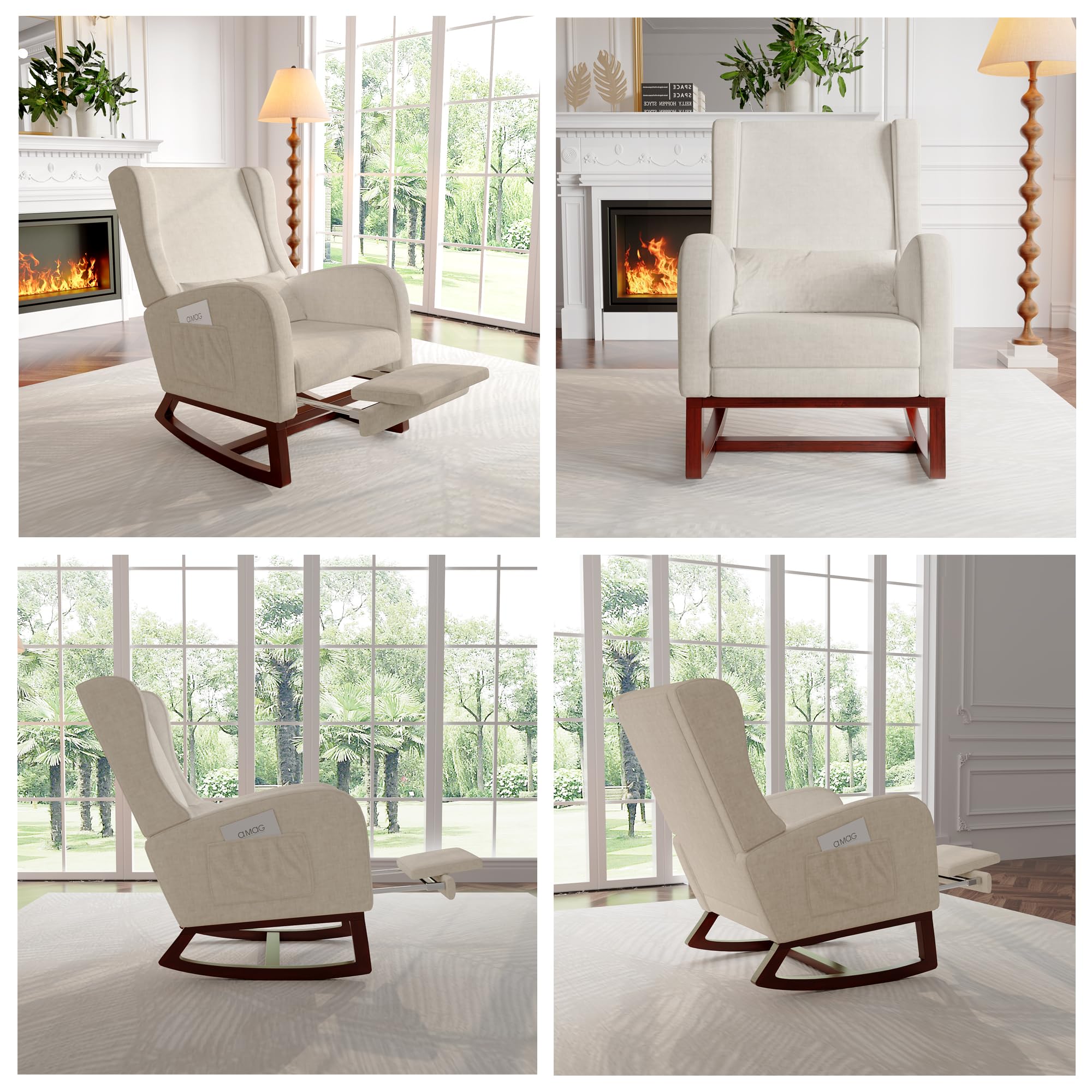 Générique Fauteuil à Bascule en Velours, Chaise a basule avec Oreiller Lombaire, Poche latérale et Repose-Pieds, Rocking Chair, Fauteuil de Salon à Bascule pour Salon, Chambre (Beige)