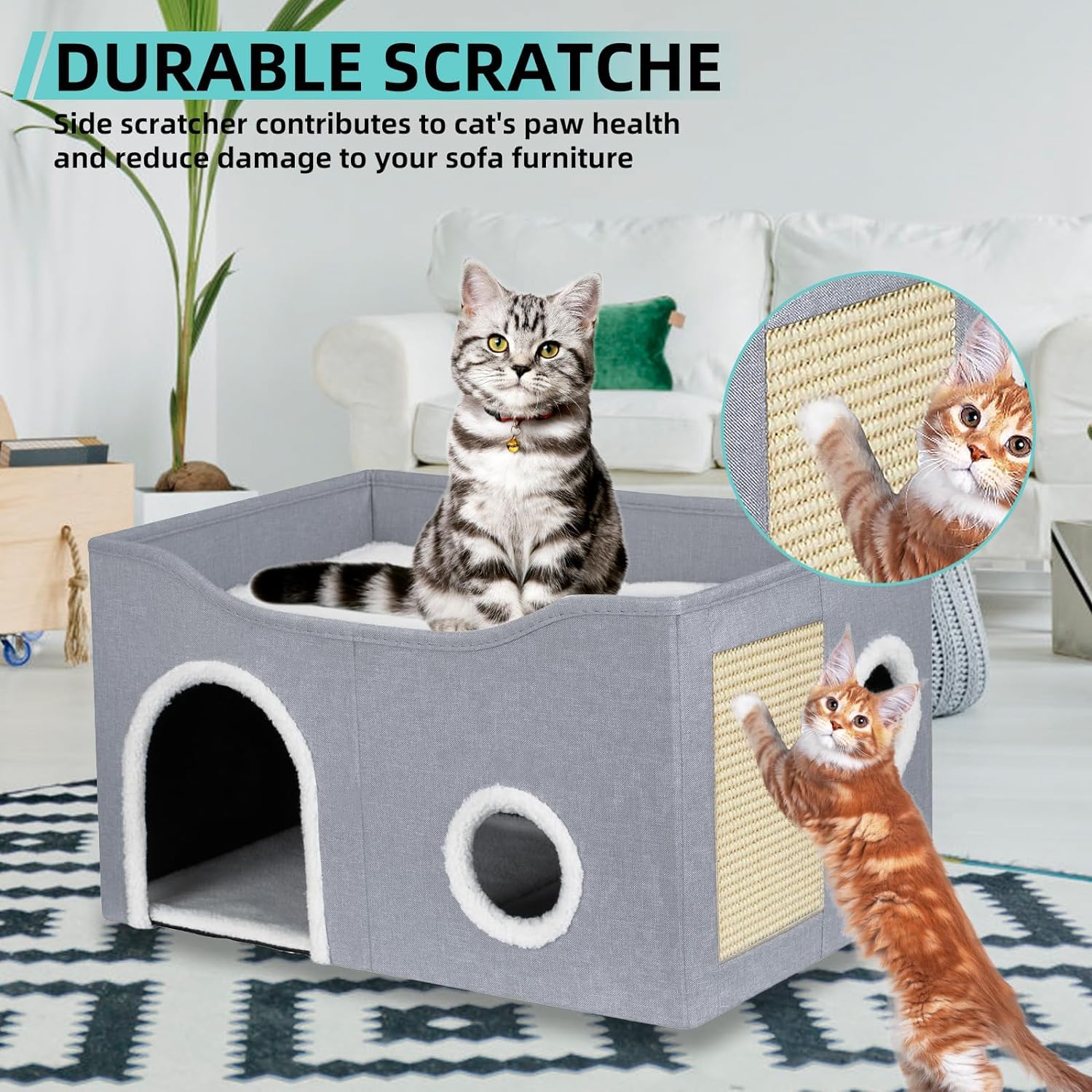 بيت للقطط في الأماكن المغلقة من الميكاكوز، سرير كبير للقطط مع كرة منفوشة ووسادة خدش، بيت قطط قابل للطي، مكعبات ومخبأ وسرير قطط مغطى