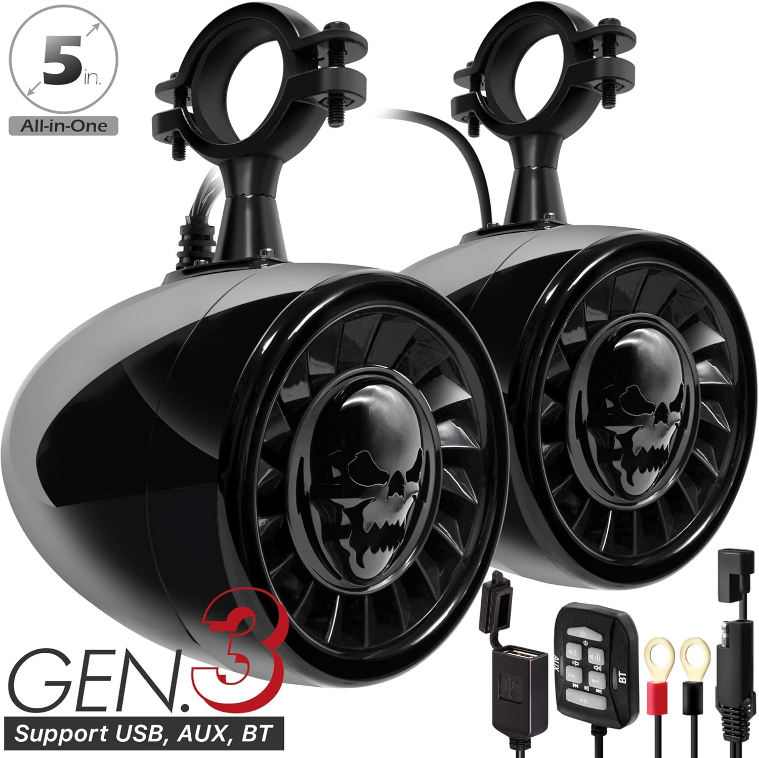 New Product GoHawk AS5-X Gen.3 All-in-One 600W Built-in Amplifier 5 Full Range Waterproof Bluetooth ATV RZR UTV Stereo Speakers Audio Amp System USB AUX, 1.5 to 2 Rollcage Bar Polaris 4 Wheeler Can-Am