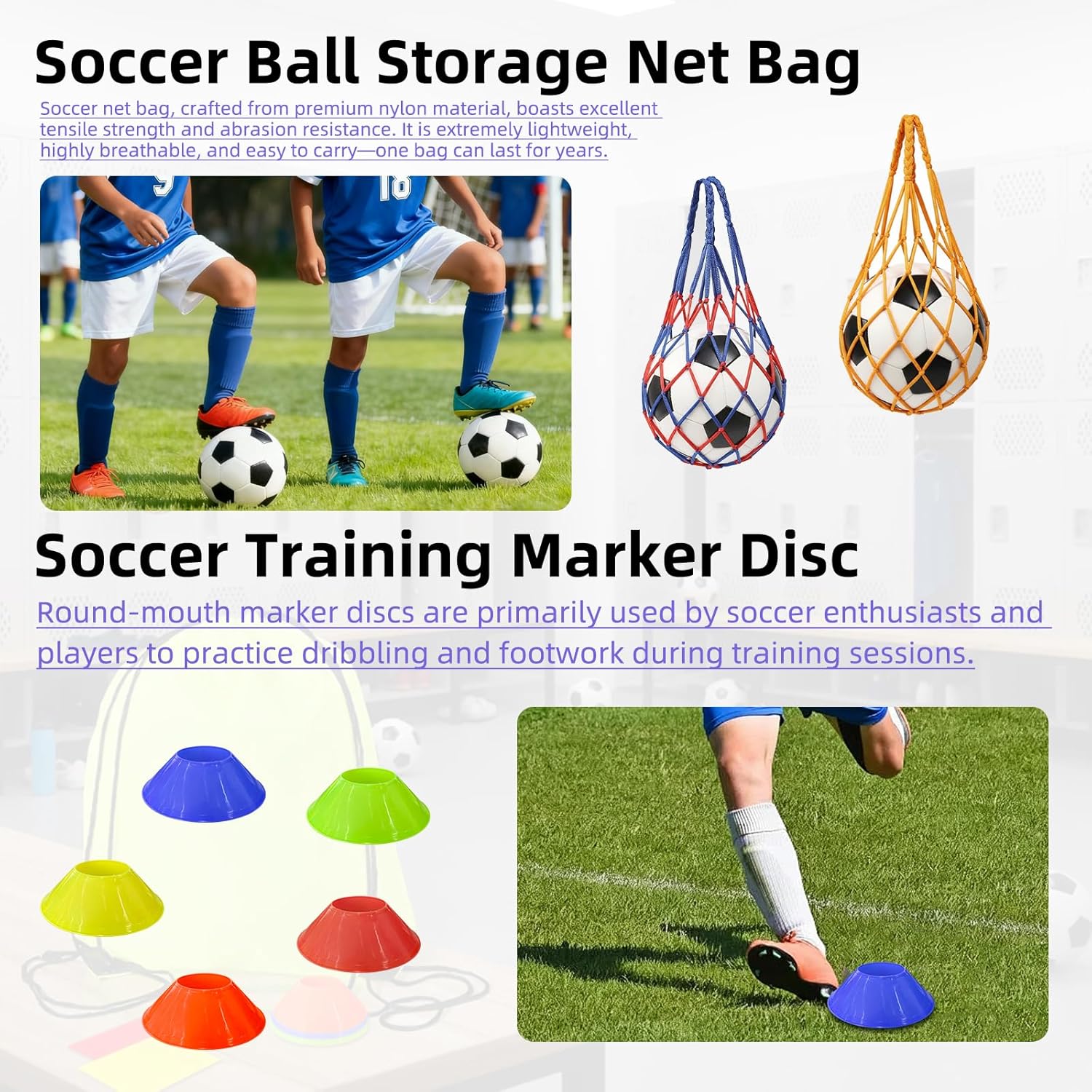 18 Pcs Soccer Trainer, Soccer Training Equipment, Waist-Mounted Juggling Pouch with 2 Reinforced Handheld Nets and 10 Marker Discs, 3 Whistles, Red/Yellow Cards, Drawstring Bag