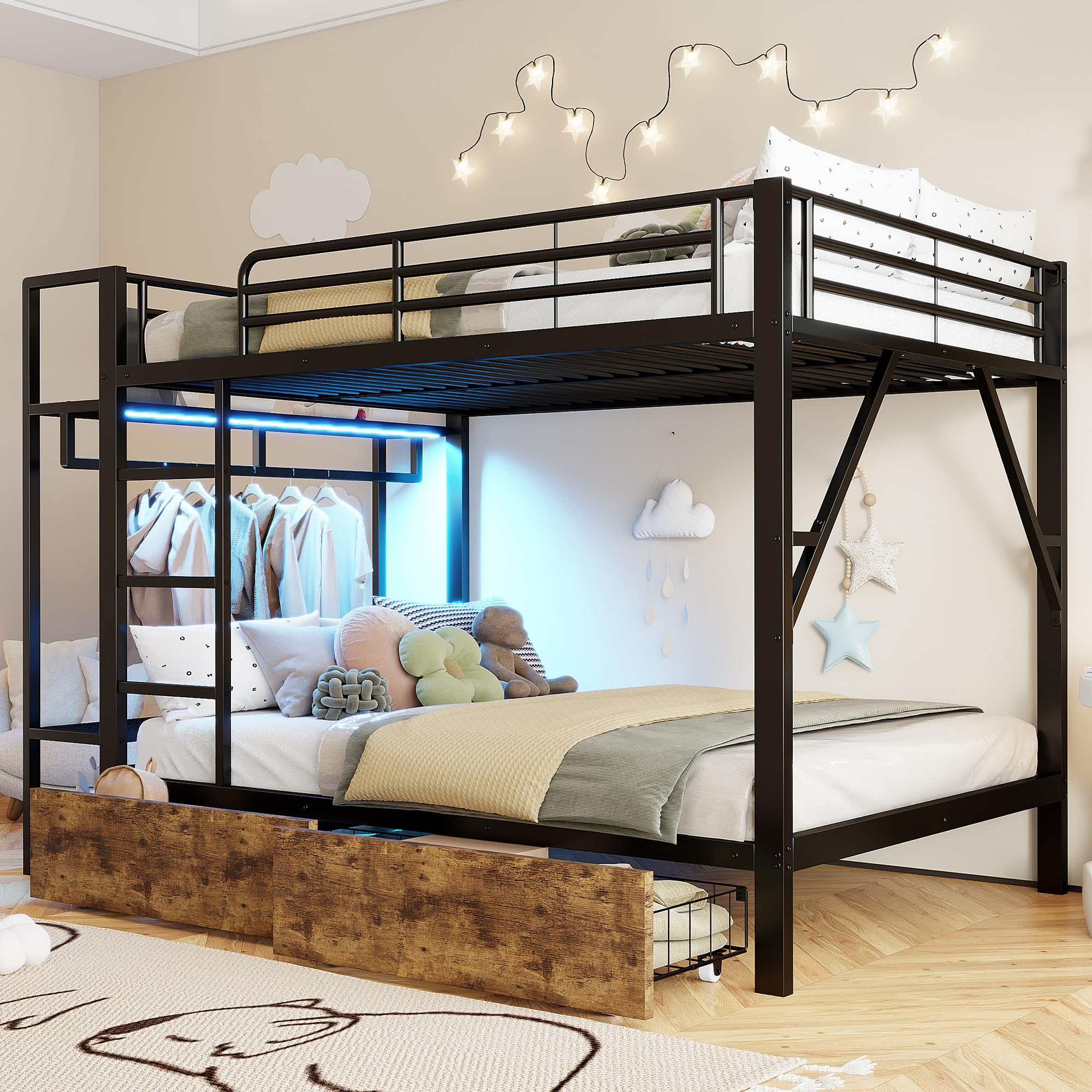 Lettino a soppalco 140 x 200 cm, letto a castello con 2 cassetti e diversi ripiani, con striscia luminosa a LED e asta appendiabiti, telaio in ferro, protezione dalle cadute, senza materasso
