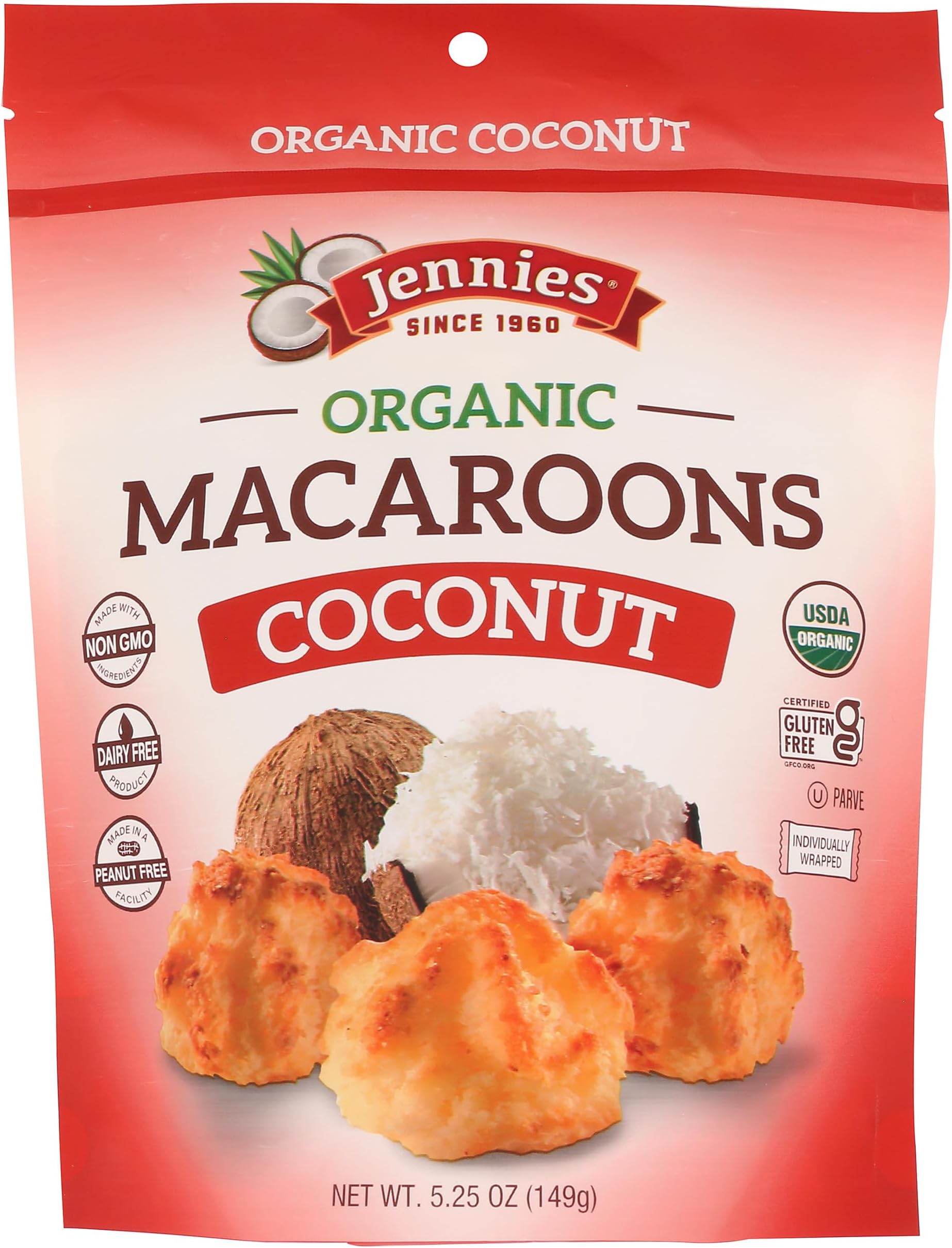 Jennies Organic Coconut Macaroons, 5.25oz | Dairy Free | Peanut Free | Gluten Free | Individually Wrapped