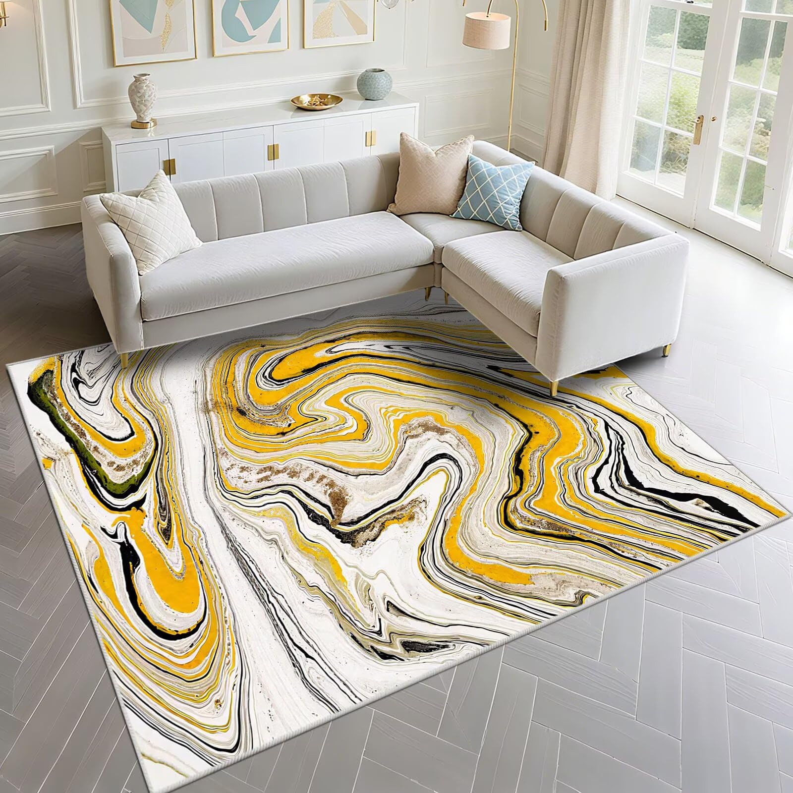 Chambre ado garçon tapis jaune abstrait pour espace de jeu salon