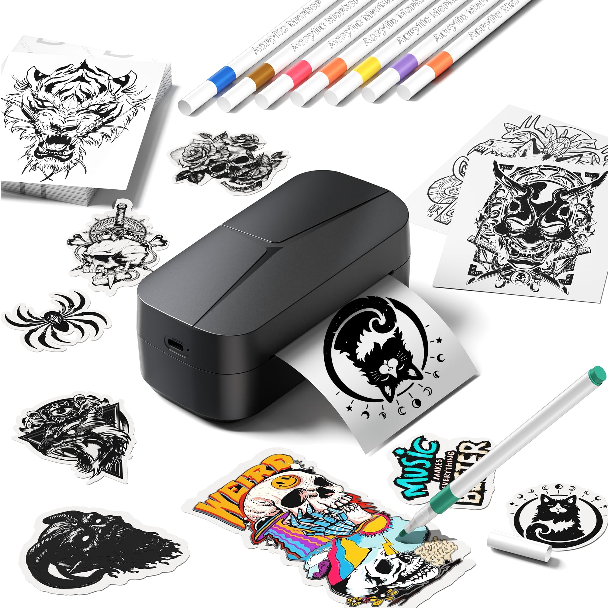 Phomemo TK32 Stampante Tatuaggi Temporanei Kit, Tatuaggi Temporanei Personalizzati con 50 Pogli, 8 Pennarelli, Tattoo Temporanei per Uomo e Donna, Attività Creative, Per Feste, Eventi, Regalo