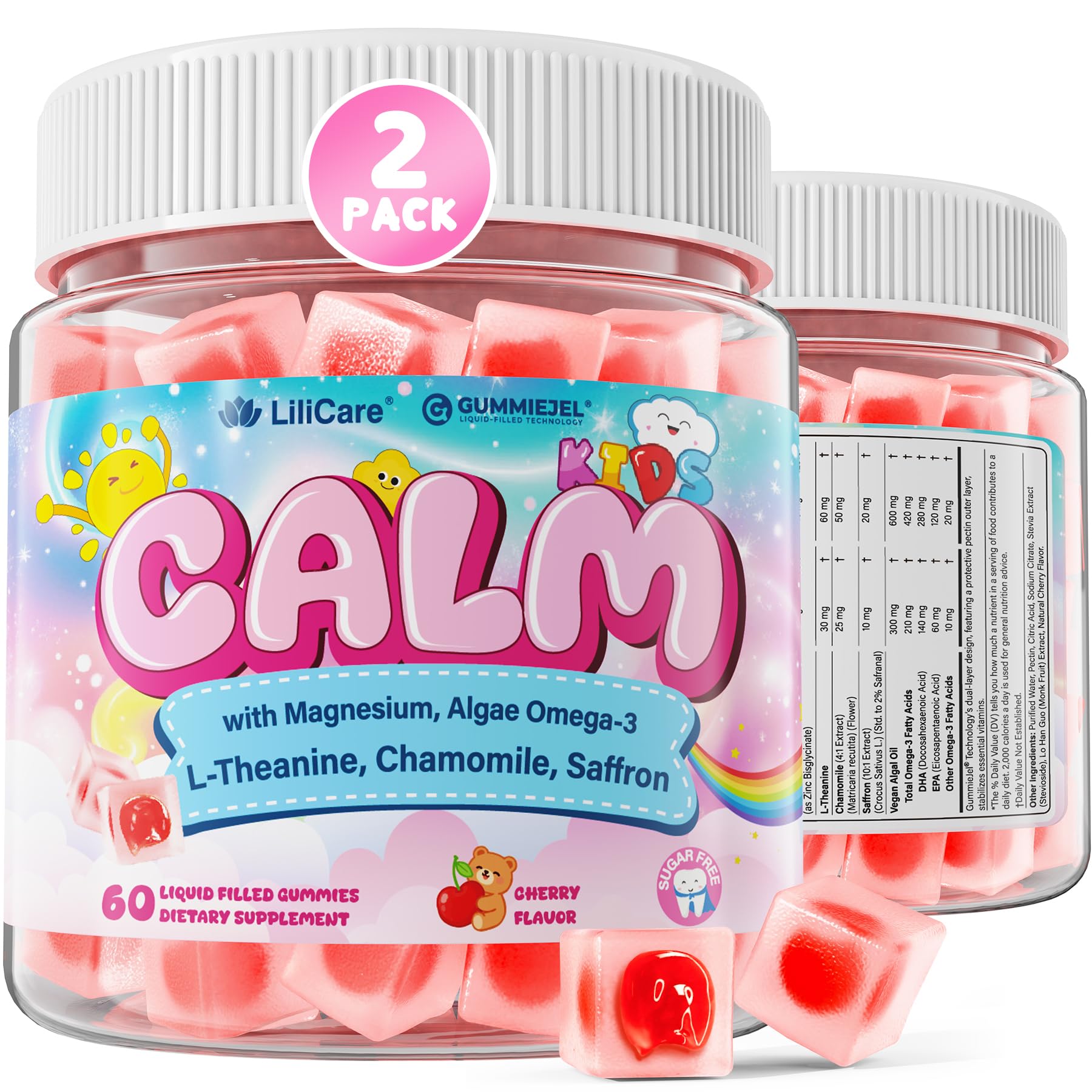 Kids Calm Gummies w/Magnesium Bisglycinate Omega 3 for Kids, Vegan, 120ct 60 Count (Pack of 2)