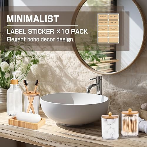Miniatura 6 de ALPIRIRAL Juego de accesorios de baño de bambú, 5 piezas, juegos de accesorios de baño bohemios completos, dispensador de jabón de baño transparente