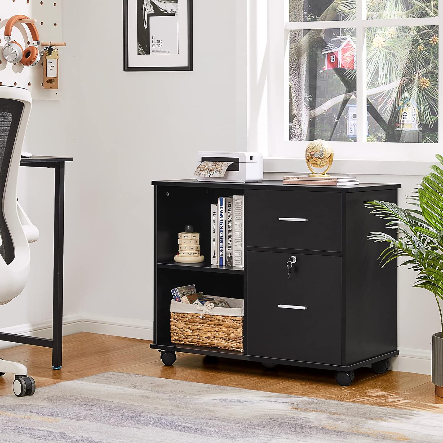 Close-up of the GreenForest File Cabinet's rolling wheels with lockable feature