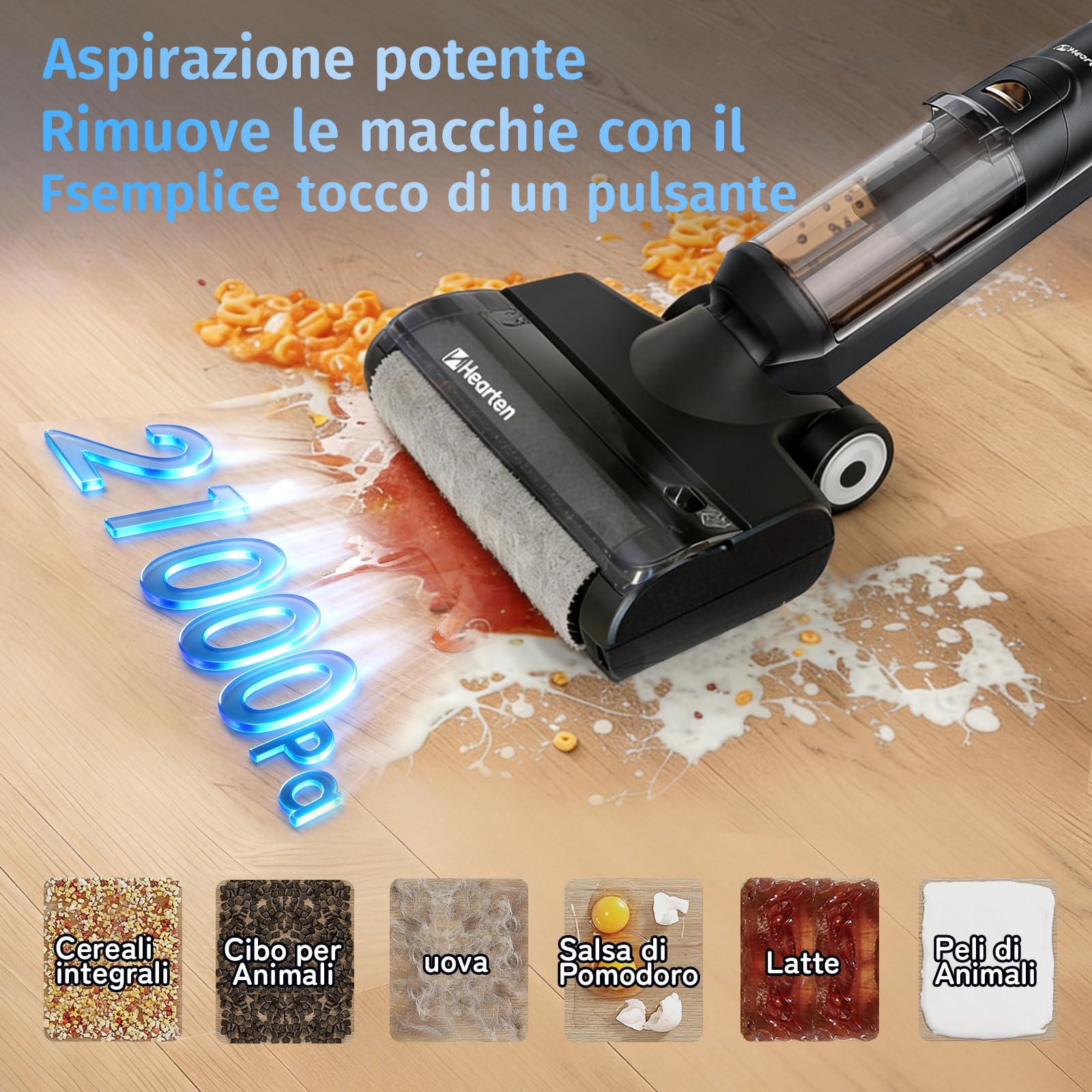 Hearten Lavapavimenti senza Filo,Scopa Elettrica Lavapavimenti Smart 3 in 1, Aspira e Lava, Auto-Pulente, Anti-Groviglio, Display LED – 0,7 mm, Regolazione Automatica, Per Peli Animali scrubber
