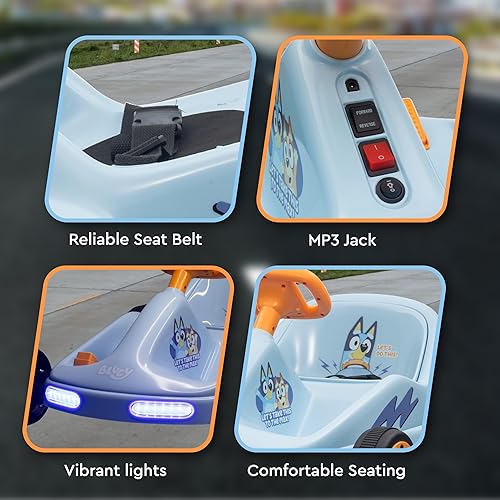 Miniatura 5 de Bluey Go Kart eléctrico de 12 V para niños, juguete eléctrico con luces, cinturón de seguridad, de 3 a 6 años, construcción duradera de PVC y