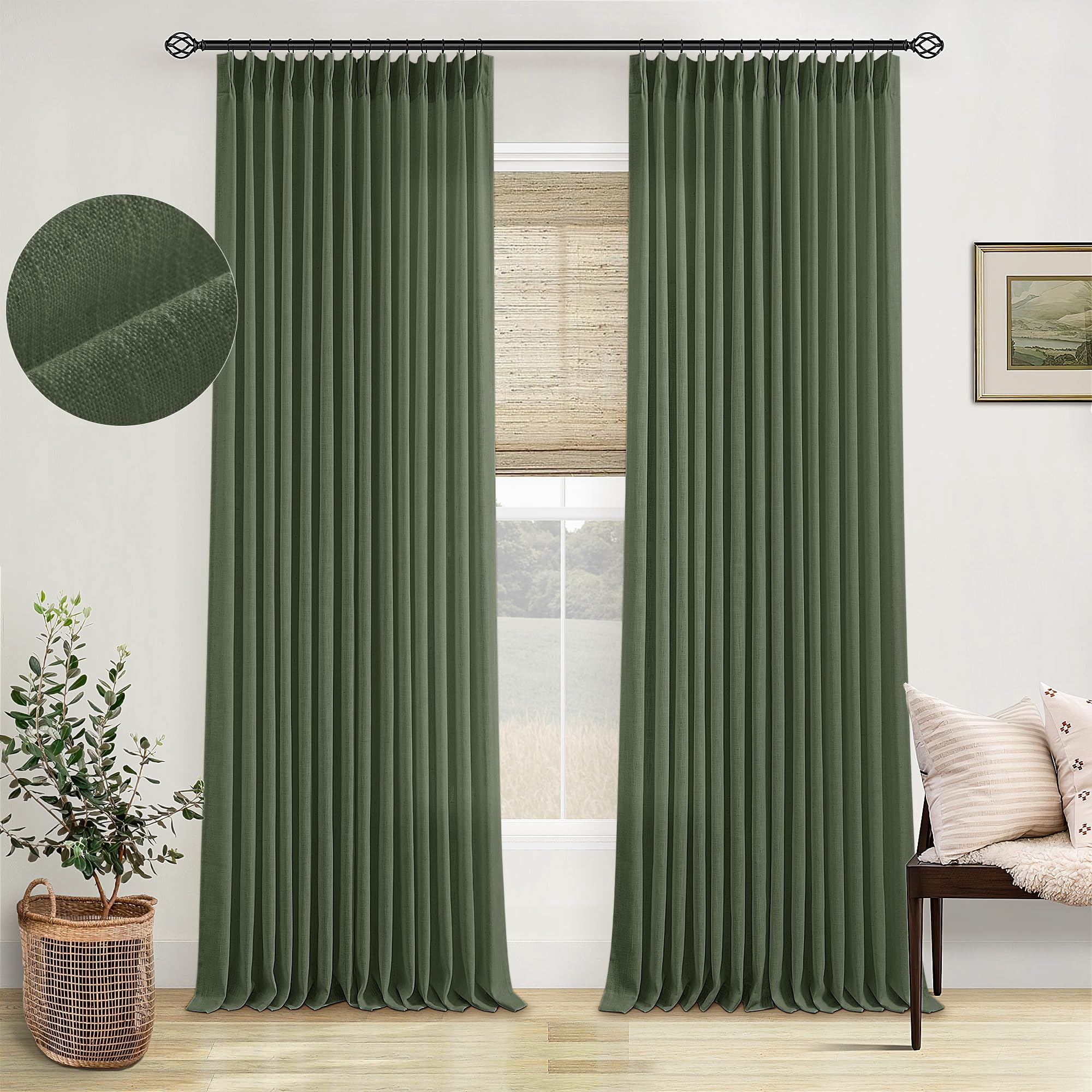 Farmhouse Linen Blend Pleated Olive Green Curtains 102 Inches Long 2 Panels