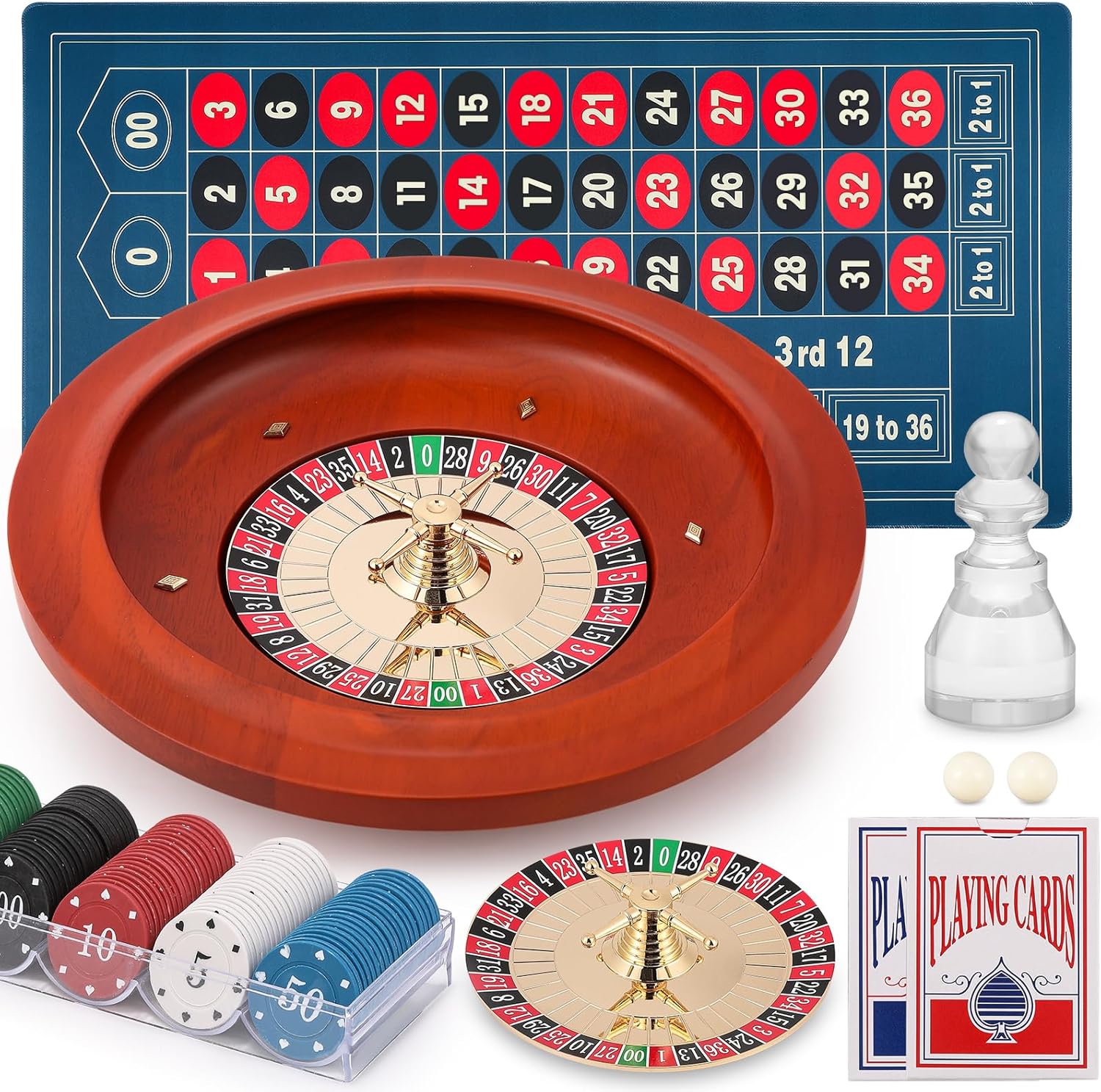 11" Roulette Wheel Set + Replacement Roulette Head with 47.2 * 23.6” Table Layout Felt Mat 100pcs ABS Poker Chips Win Marker 2 Decks of Playing Cards Casino Game Sets