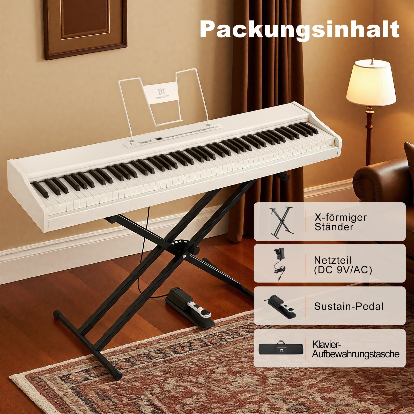 MUSTAR Digital Piano 88 Halbgewichtete Tasten mit Ständer, Volle Größe 88 Tasten Klavier für Anfänger, Tragbares E Piano, mit Kabellose Verbindung, Koffer, Sustain-Pedal, Weiß