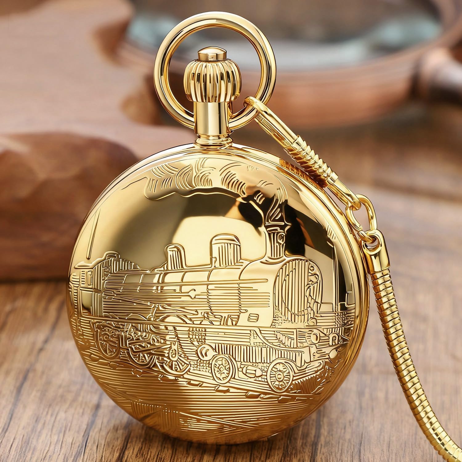 Tiong Men's Vintage Locomotive Design Full Copper Pocket Watches for Men, Mechanical Pocket Watch with Chain for Christmas Graduation Birthday Gifts Fathers Day