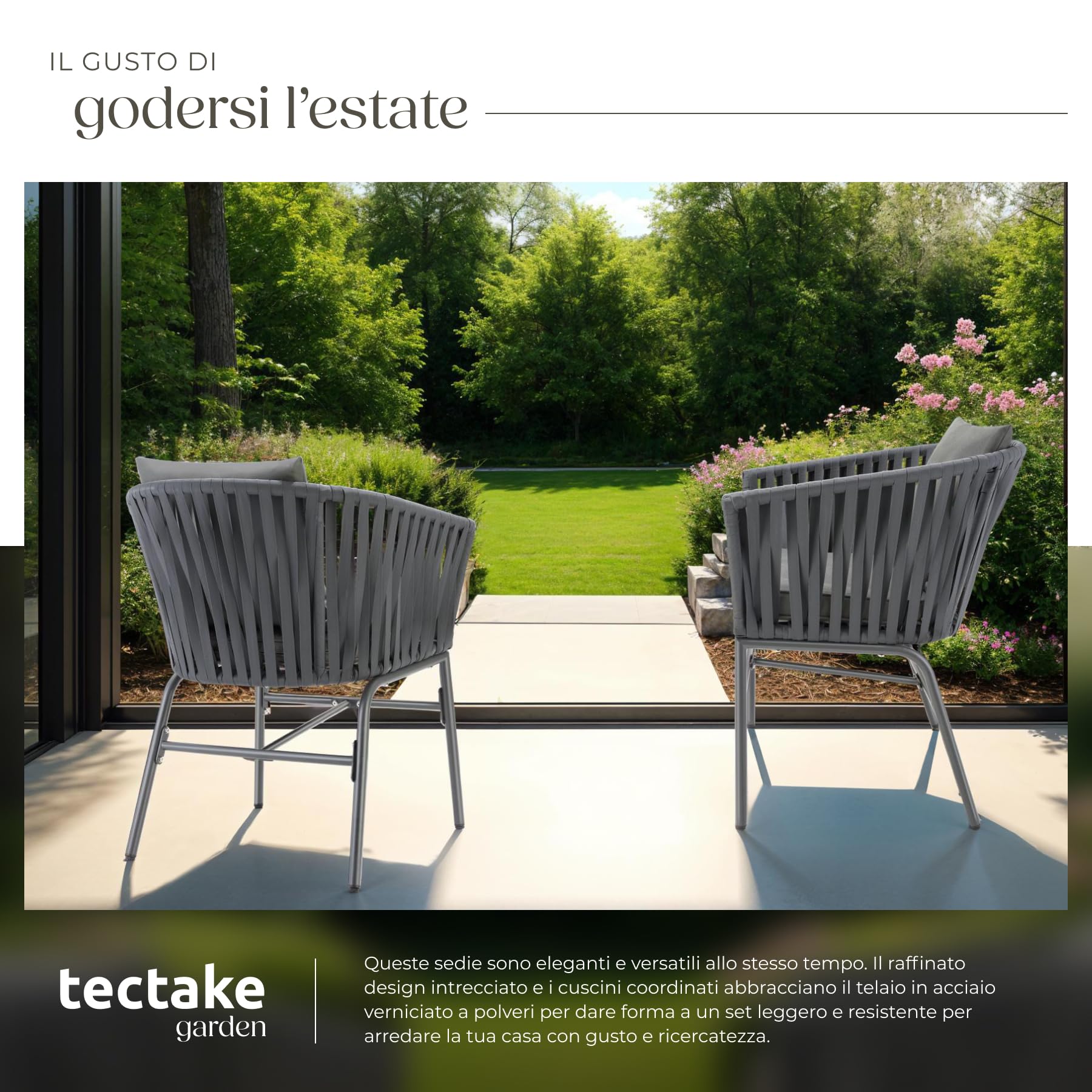 tectake® Set di 6 Sedie, Design a Corda Intrecciata, Struttura in Acciaio Verniciato, Cuscini Extra Spessi, Rivestimenti Idrorepellenti e Lavabili, Piedini Regolabili, 60x61x77 cm