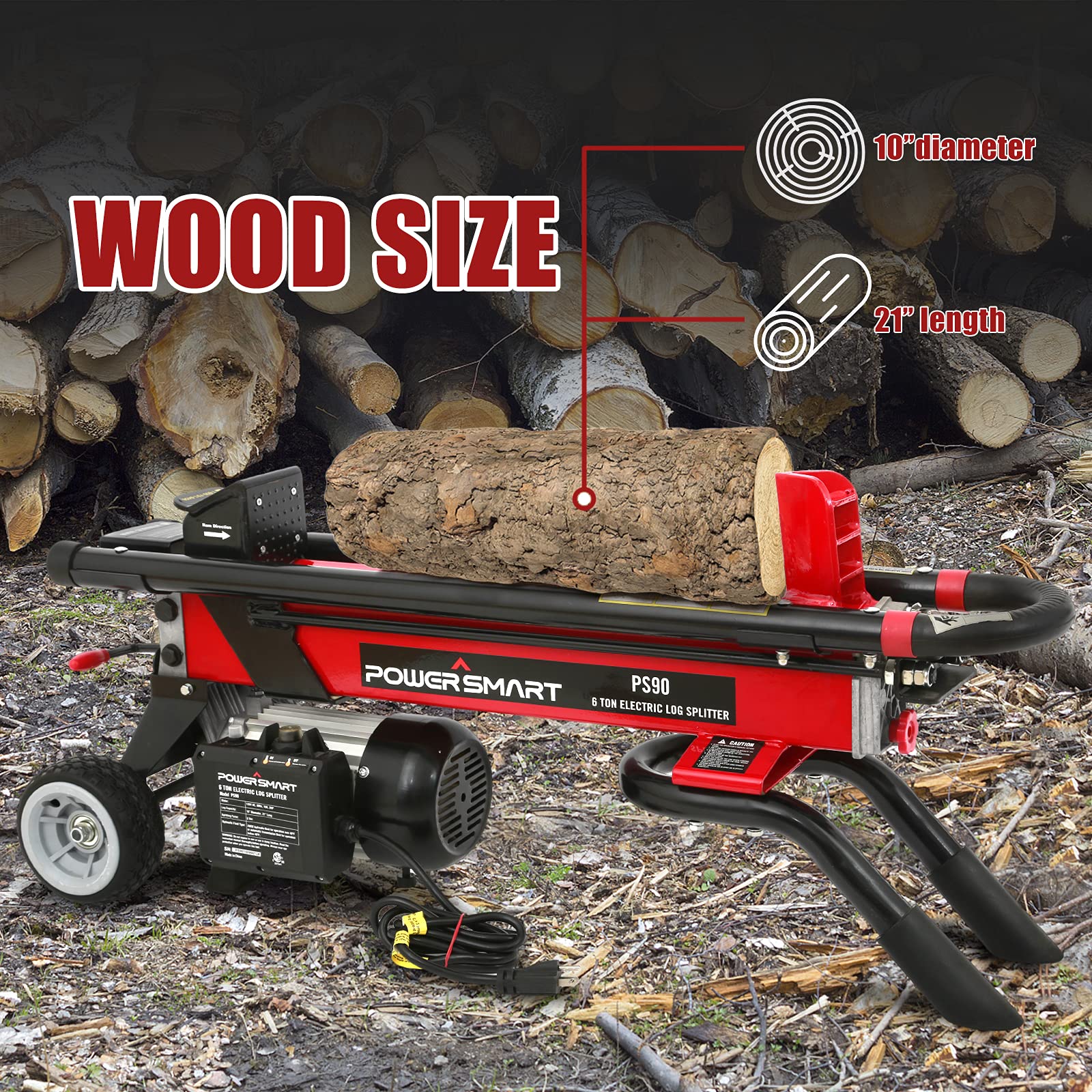 PowerSmart Log Splitter Electric, 6Ton Hydraulic Log Splitter, 15 Amp
