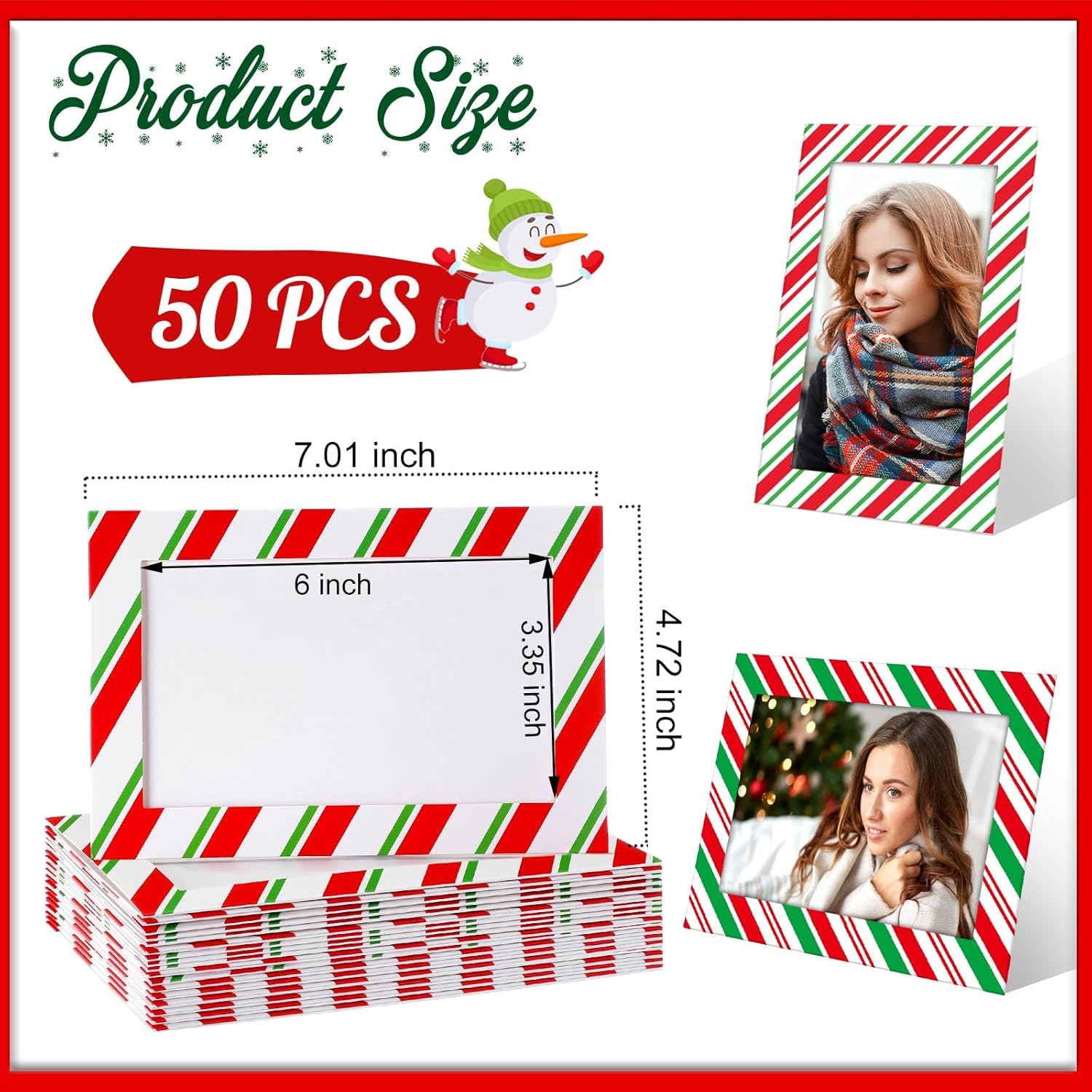 Qunclay 50 Pcs Christmas Photo Ornament 4x6 Paper Picture Frame Ornaments Bulk Xmas Stripes Cardboard Photo Display Red and Green DIY Frame for Party Decorations