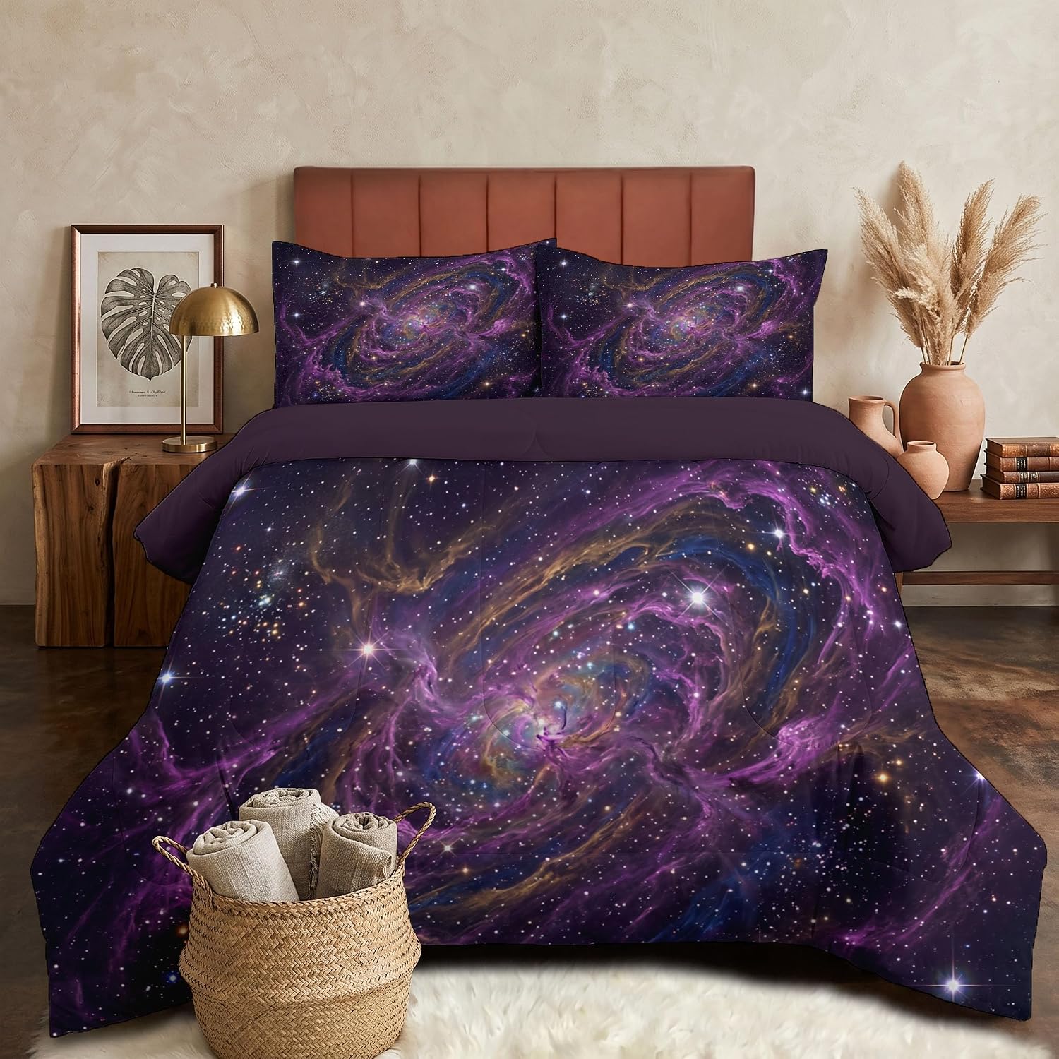 Fantasy Space Comforter Set Full Size, Universe and Milky Way Bedding Set for Girls Boys, Dark Purple Quilt Bed 79"X90" Bedding Comforter Sets with 2 Pillowcase Room Decor