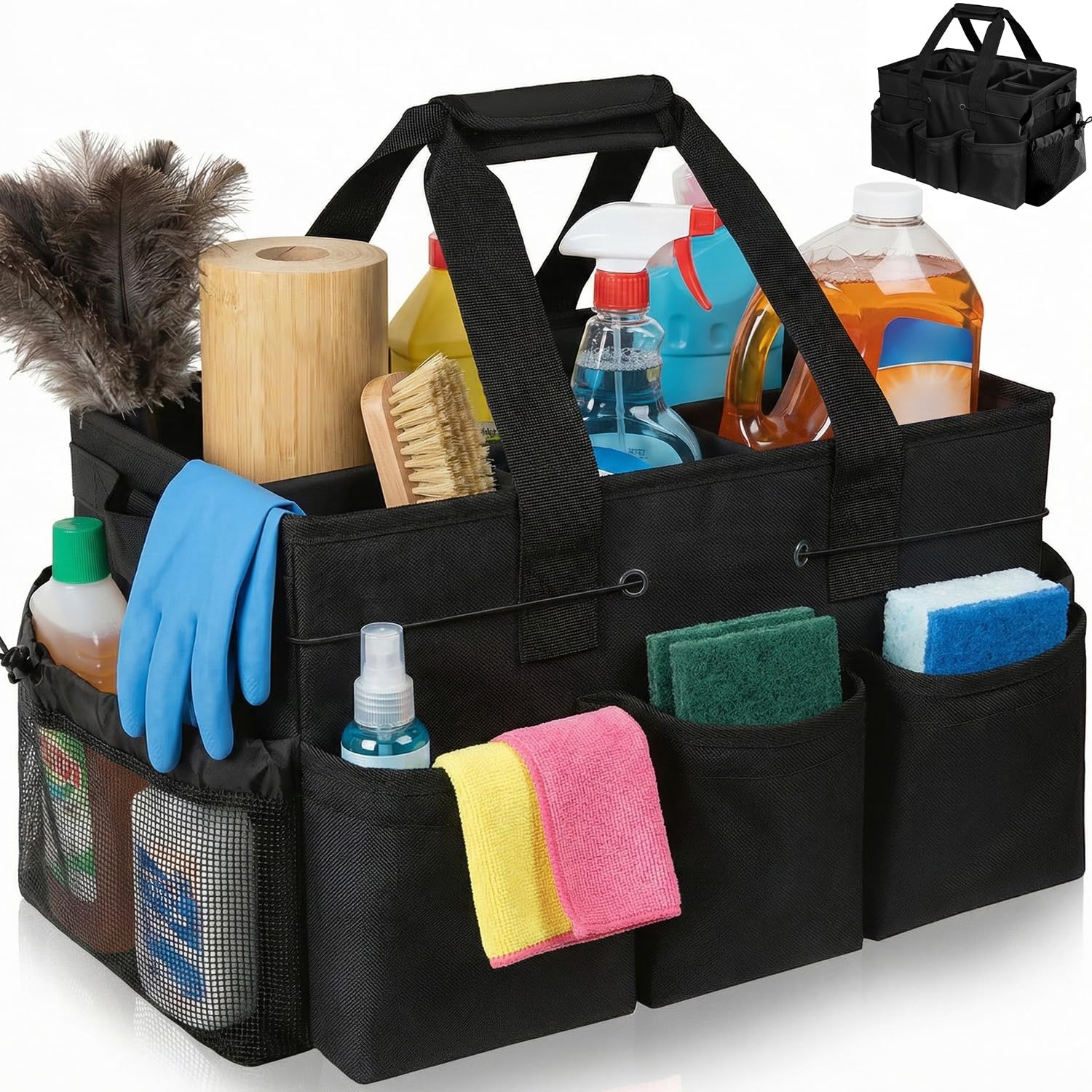 Exquilnova Cleaning Caddy with Handle,Large Tote Bag Organiser with Detachable Divider,Cleaning Bag with Adjustable Shoulder Strap,Cleaning Caddy Bag for Cleaning Supplies,Garden,Car,Home(Black)