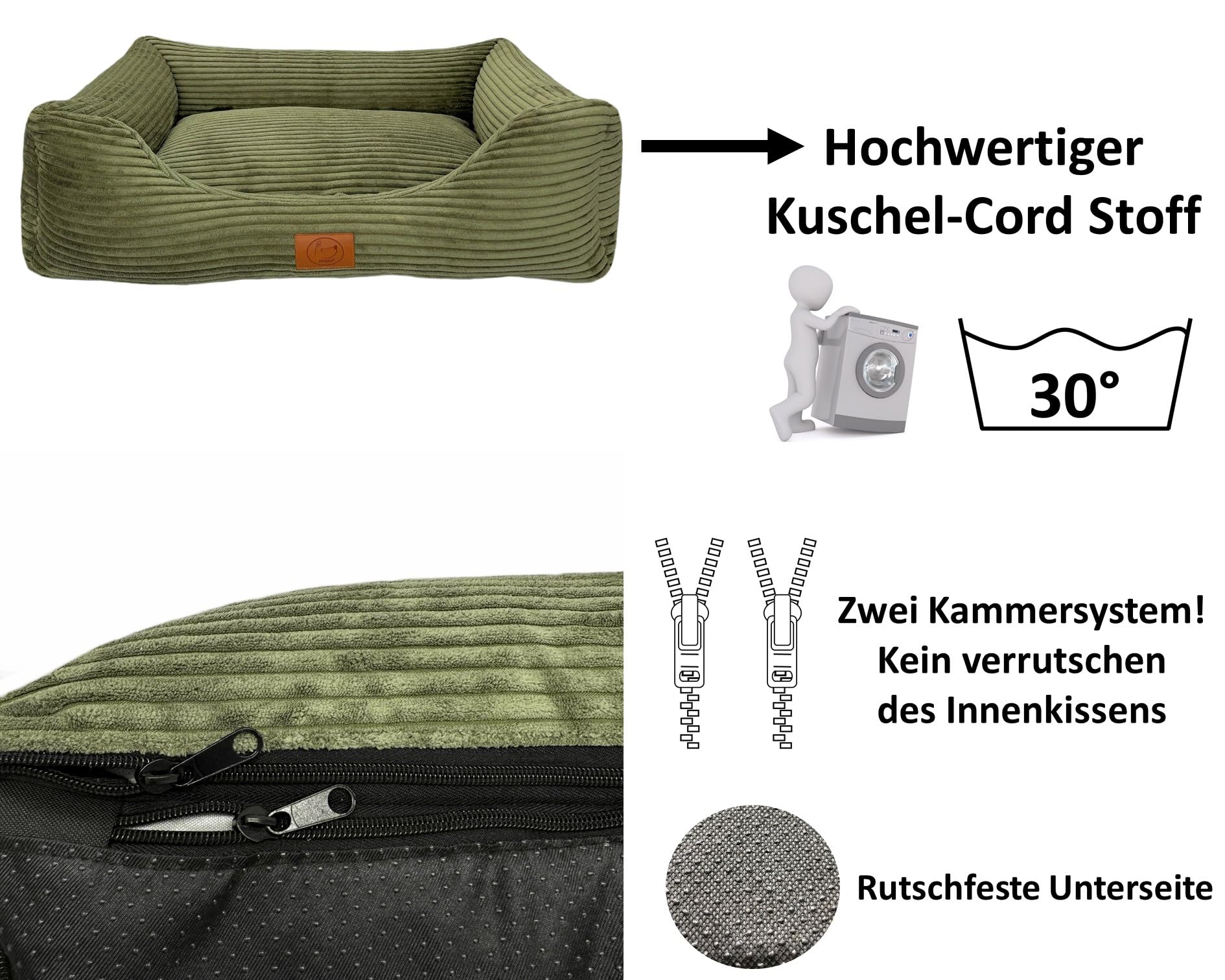 elropet Hundebett orthopädisch aus Kuschel Cord XS/S/M/L/XL kleine Hunde große Hunde Hundekorb (Olivegrün, XS (65x50x18cm))