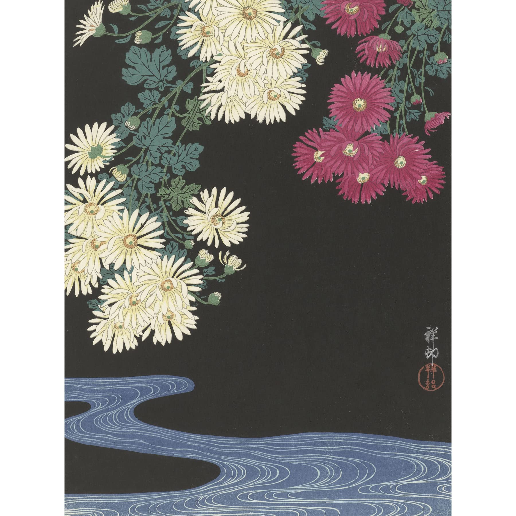 Artery8 Ohara Koson Chrysanthemums Running Water Japanese Large XL Wall Art Canvas Print