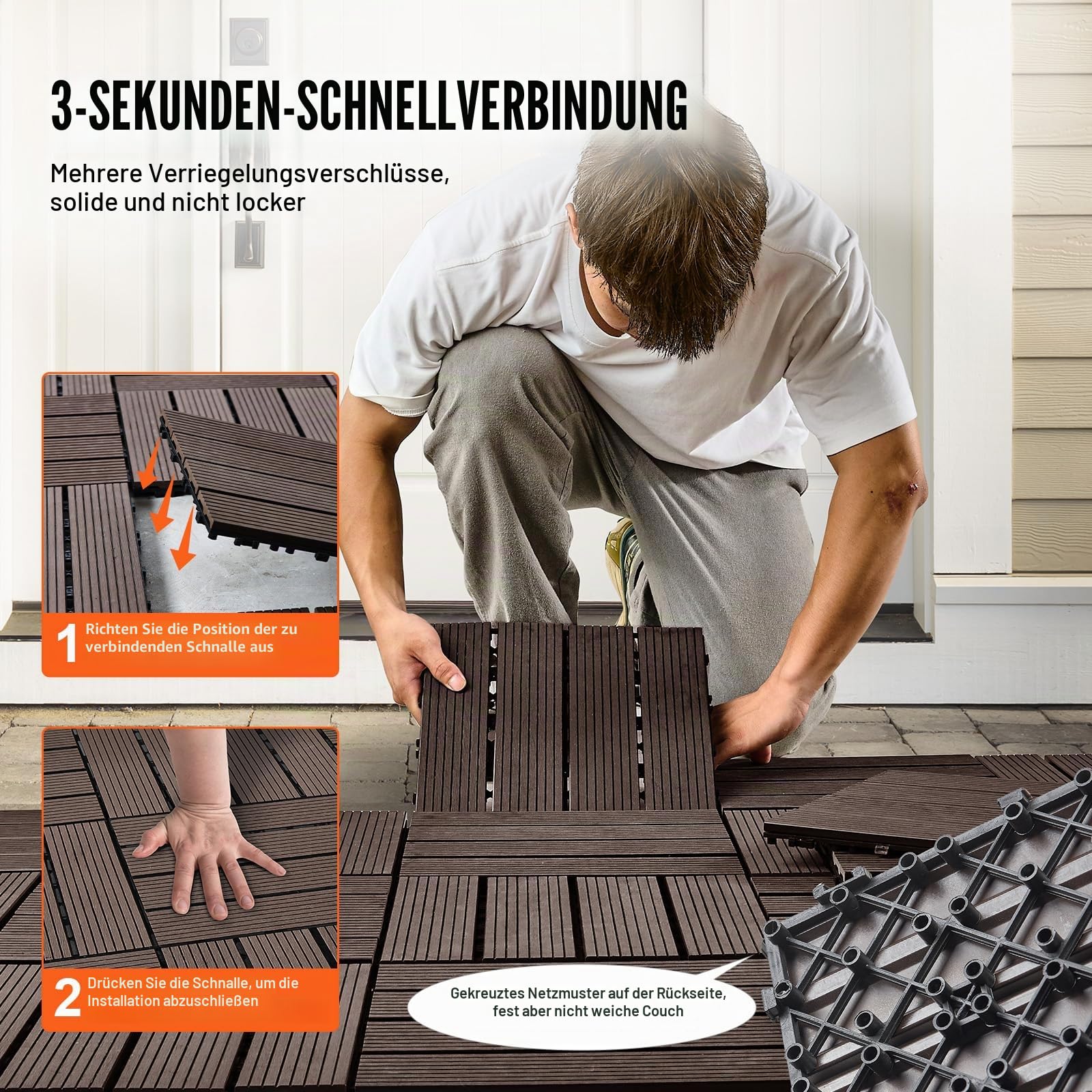 VEVOR Terrassenfliesen, 27er-Set, Balkonfliesen 30x30cm, Klickfliesen, wasserdichter Kunststoff-Bodenbelag für den Außenbereich, Terrassenbodenbelag für Veranda, Pool, Balkon, Hinterhof, Dunkelbraun