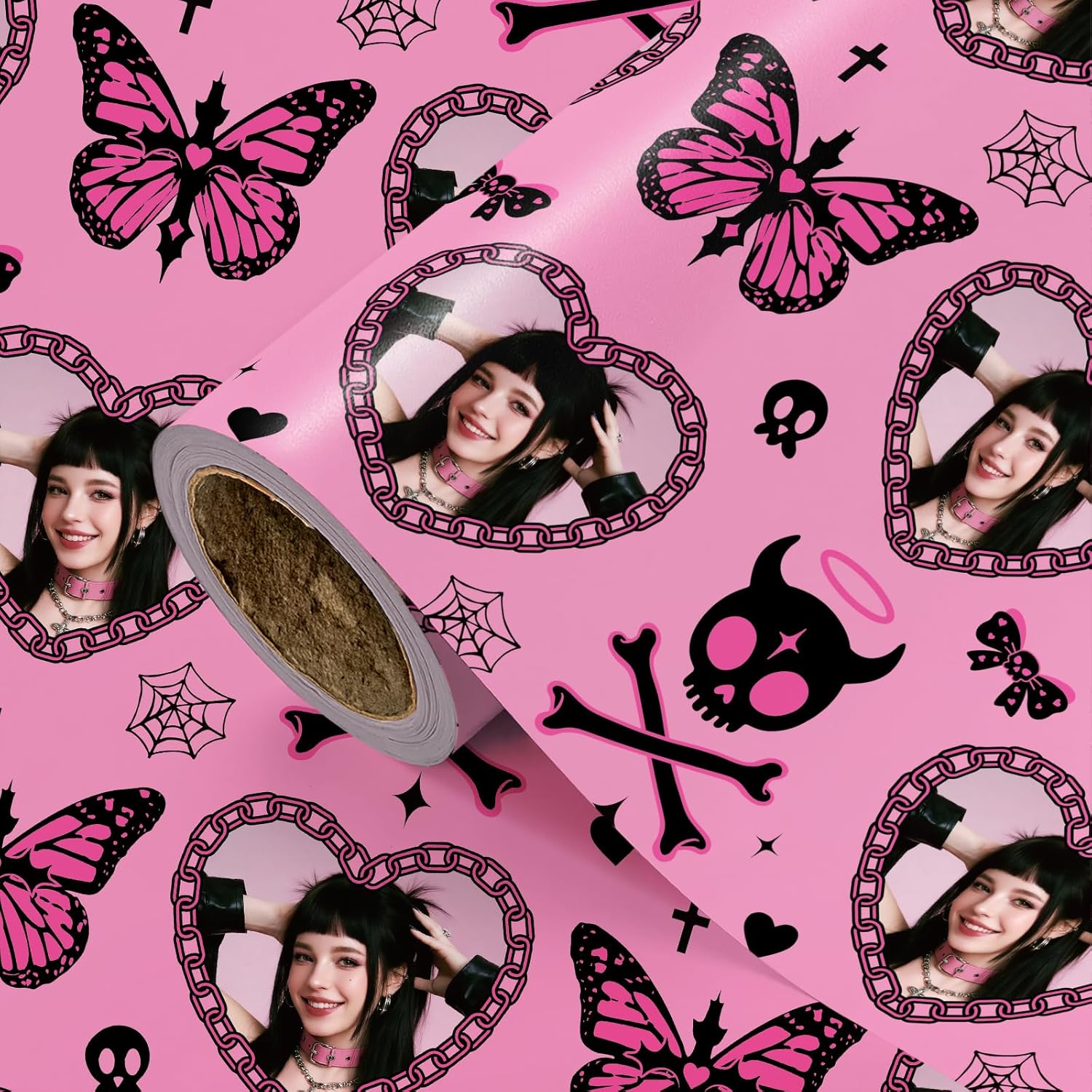 LeZakaa Custom Gothic Wrapping Paper 30×180in Jumbo Roll, Butterfly Skull Pink Black Design, Personalized Photo Gift Wrap for Halloween, Goth Birthday Party, Alt Style Celebrations