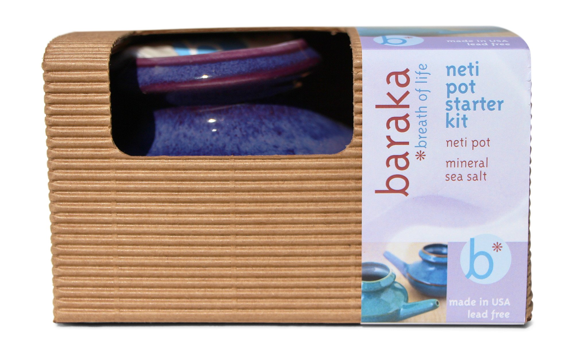 Baraka Handcrafted Ceramic Neti Pot w/ Box and 2 oz Mineral Sea Salt Rinse (Purple) - Tool Kit for Home - Relaxing Gifts for Women - Snoring & Saline Solution