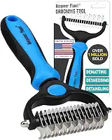 Maxpower Planet Escova de cuidados para animais de estimação – Pente de ancinho de dupla face para queda e descamação para cães e gatos, extra largo, azul, escova de tosa para cães, escova de queda de cães