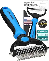 Maxpower Planet Escova de cuidados para animais de estimação – Pente de ancinho de dupla face para queda e descamação para cães e gatos, extra largo, azul, escova de tosa para cães, escova de queda de cães