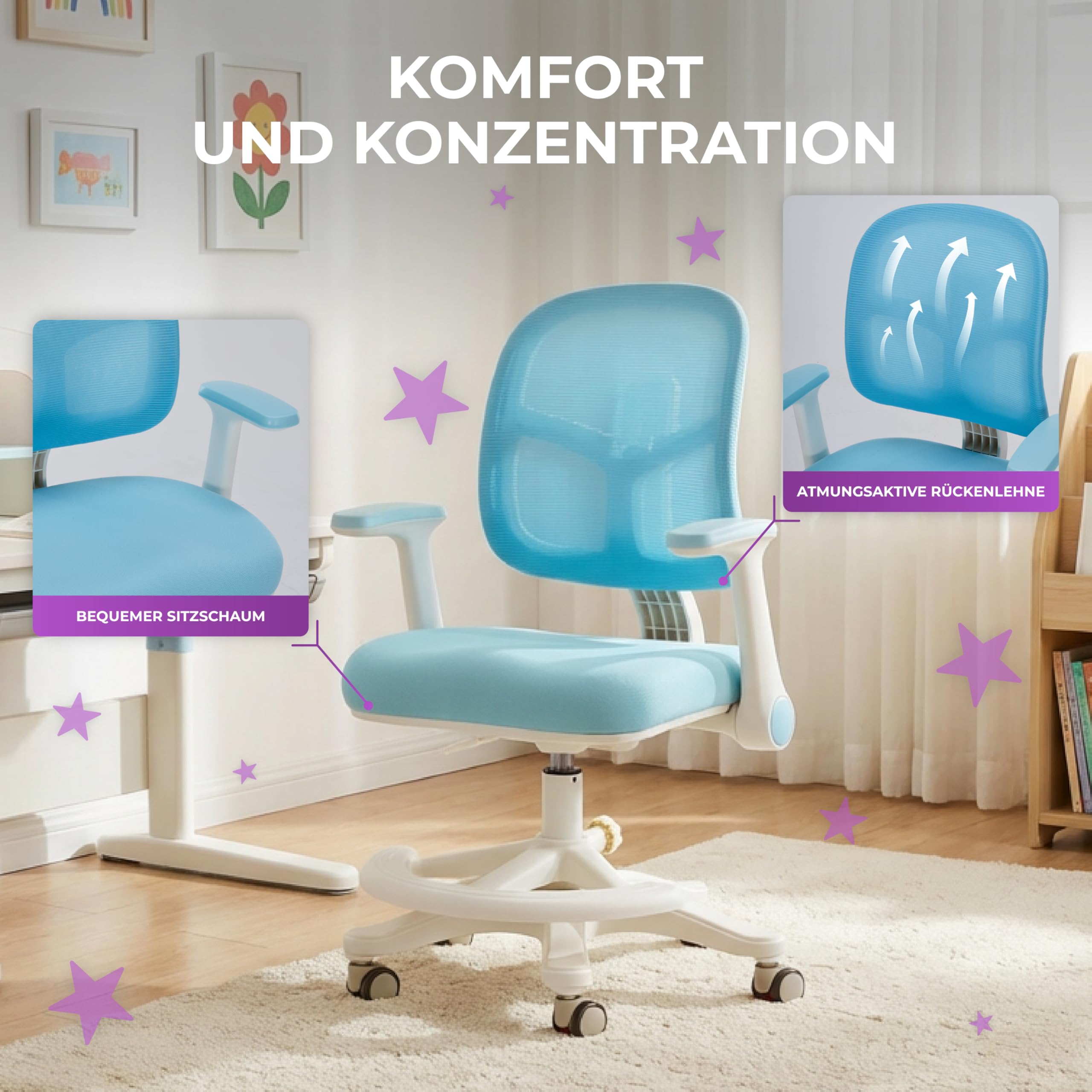 Spacetronik Schreibtischstuhl Kinder - Ergonomischer Kinderschreibtischstuhl mit 6 Rollen, Verstellbaren Armlehnen, Fußstütze, Höhenverstellbarem Sitz - 4-15 Jahre