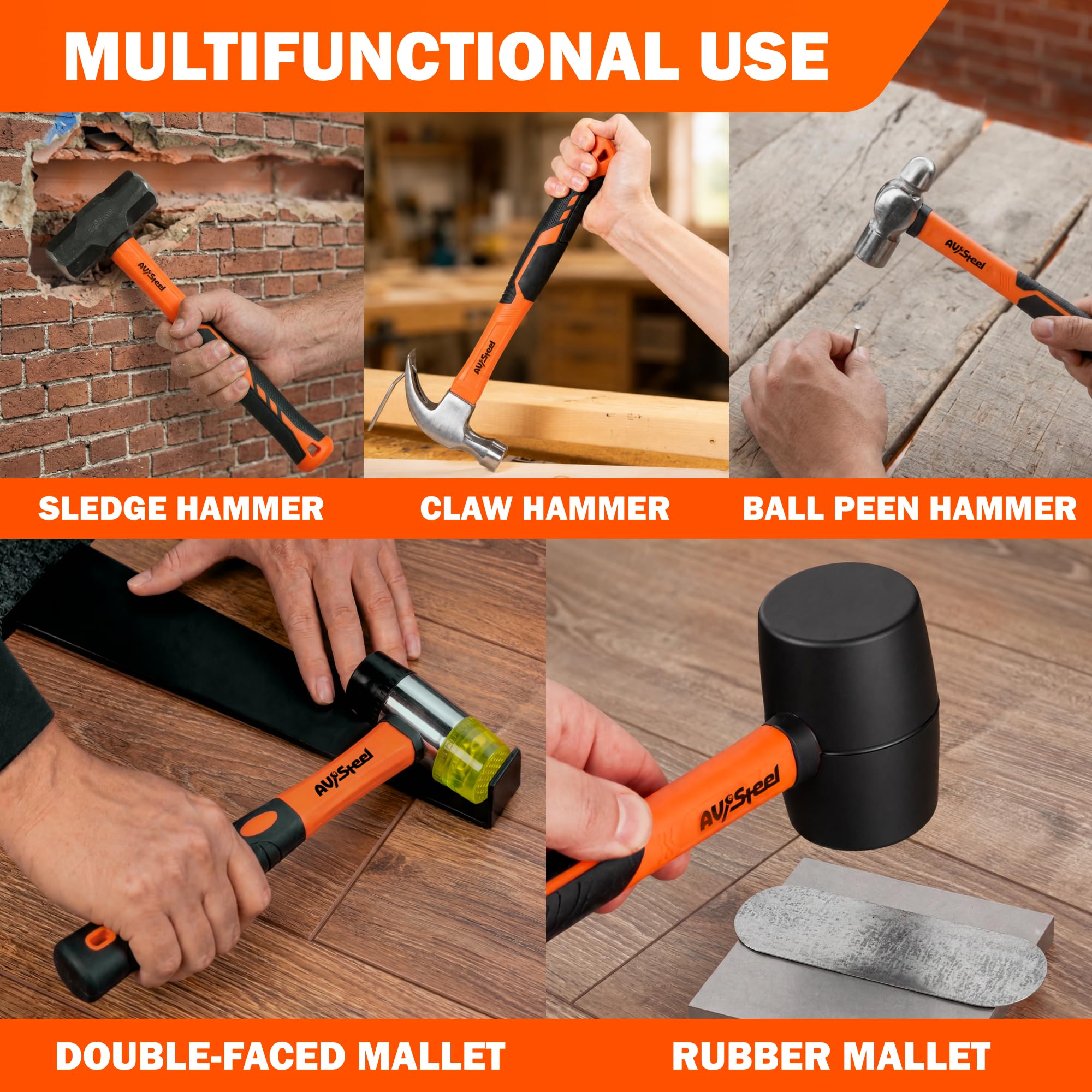 AV Steel 5er-Pack Schlägelhammer-Set – 907 g Gummihammer, 33 mm doppelseitiger Schlägel, 473 g Klauenhammer, 473 g Kugelhammer, 1,4 kg Schlitten und Handschuhe für Heimwerker und Reparaturen zu Hause