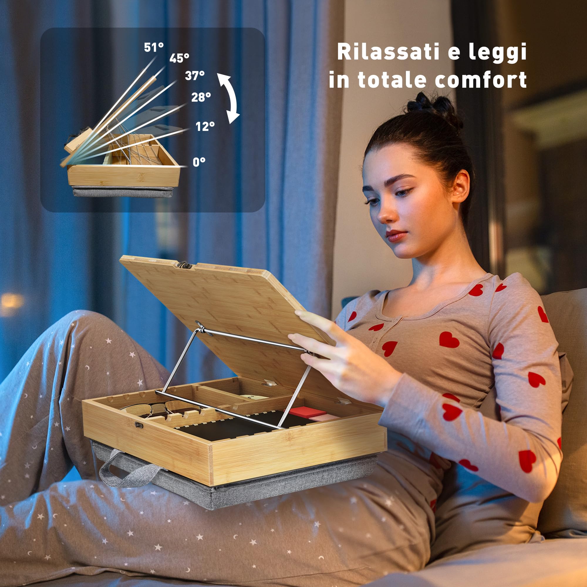 AboveTEK Leggio in Bambù con Cuscino Morbido, Supporto Regolabile con Scomparto, Porta Libro da Letto, Scrivania e Cucina, Leggio per Lettura Mani Libere e Porta Ricettario
