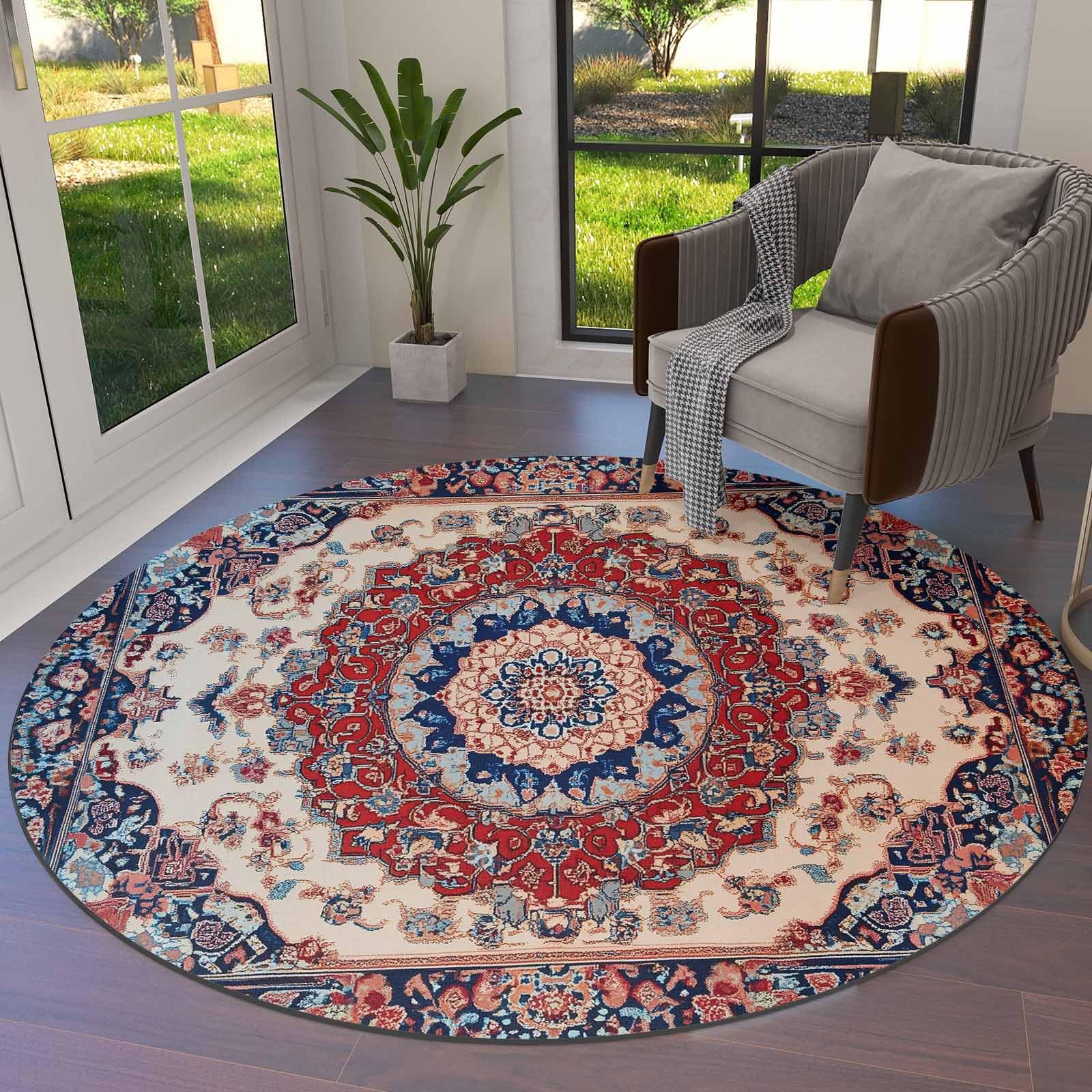 Oriental Red Blue Round Area Rug 3.3ft,Rustic Tribal Patterns Ethnic Bohemian Washable Indoor Carpet Runner Rug for Bedroom,Kitchen,Bathroom,Living/