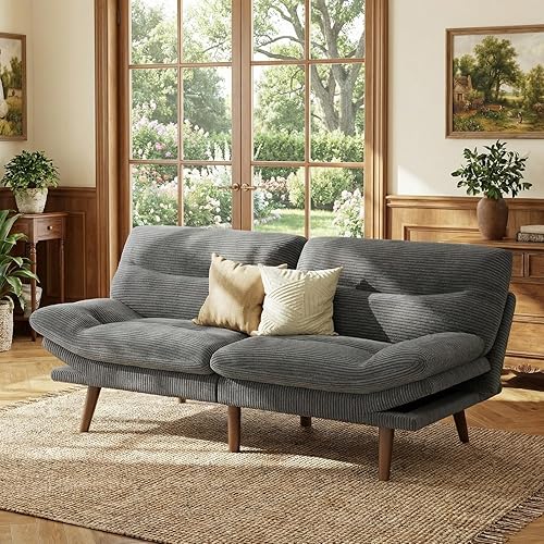Marsail 66" Futon Sofa Bed, Convertible Corduroy Futon Couch with Adjustable Backrest & Armrests, Small Sleeper Sofa Loveseat for Living Room, Apartment, Office, Grey