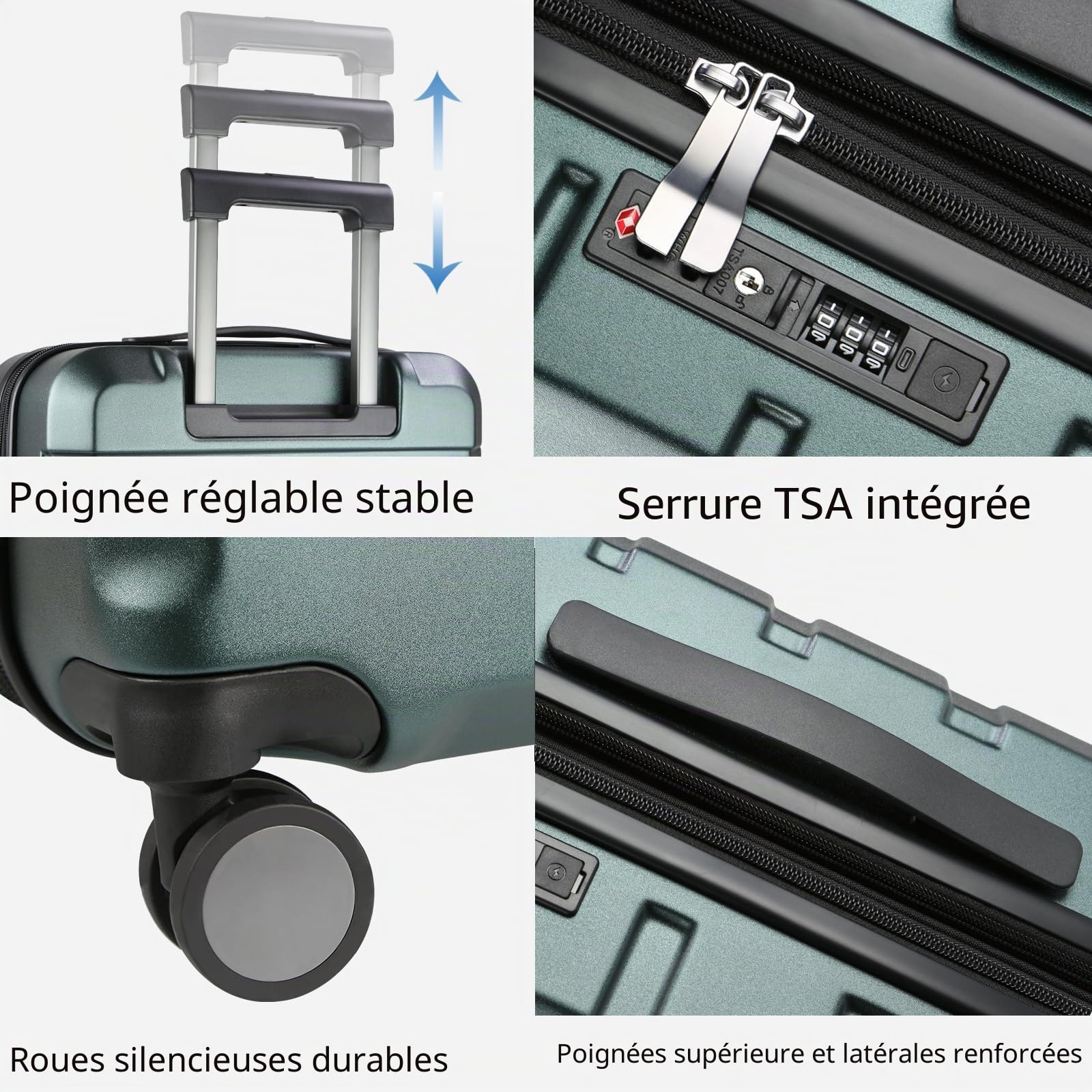 KROSER Valise Cabine 55x40x20 - Légère, Coque Rigide, Valise à roulettes avec 4 Roues et Serrure TSA intégrée, Valise à roulettes Robuste avec Port USB, Bagage à Main 20 Pouces, Vert foncé