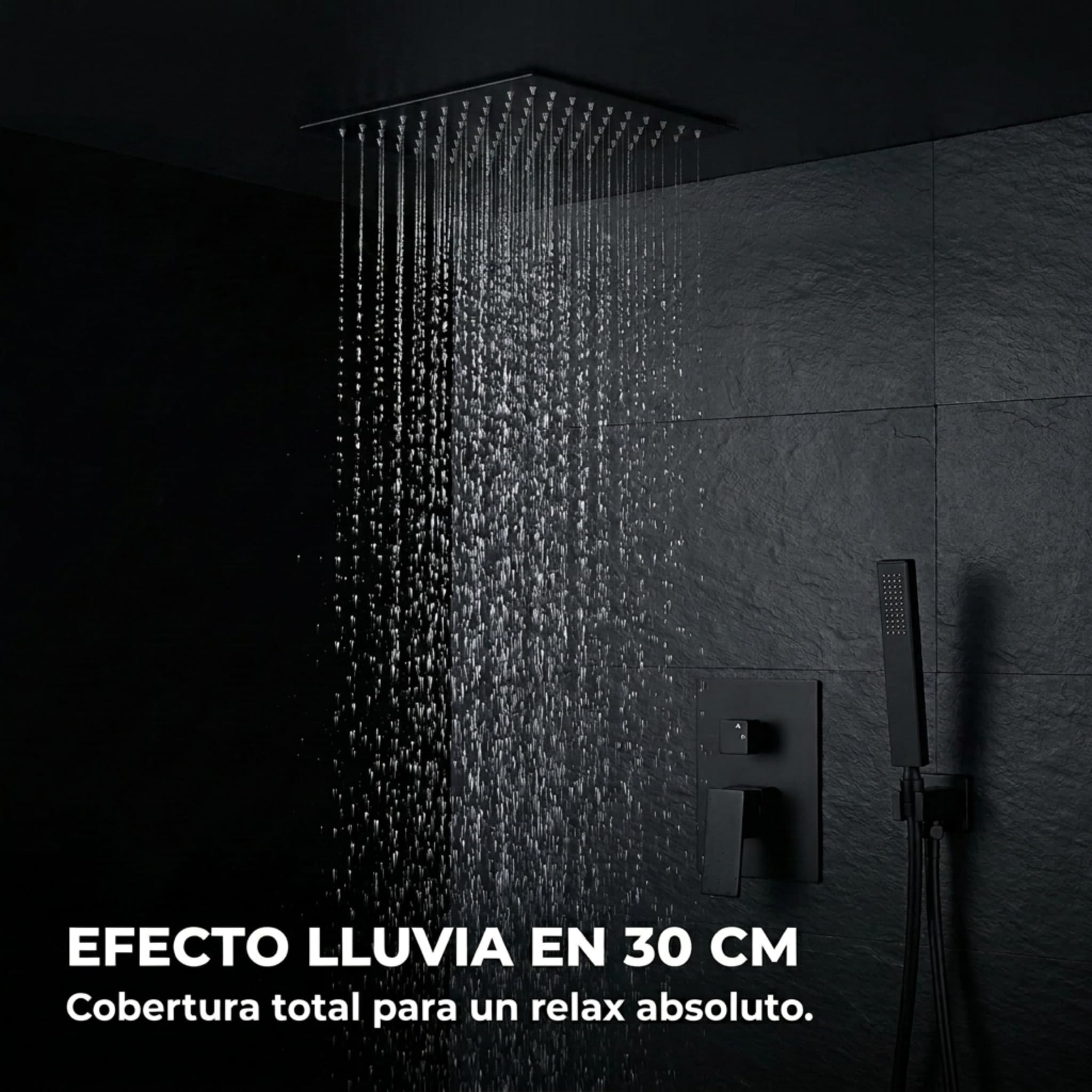 VALAZ Ducha Encastrada Negro Mate | Ducha Monomando 2 Vías, Rociador Efecto Lluvia | Instalación en Techo Fácil y Rápida | Inoxidable, Cuadrada, Rociador 30 cm, Serie Tajo