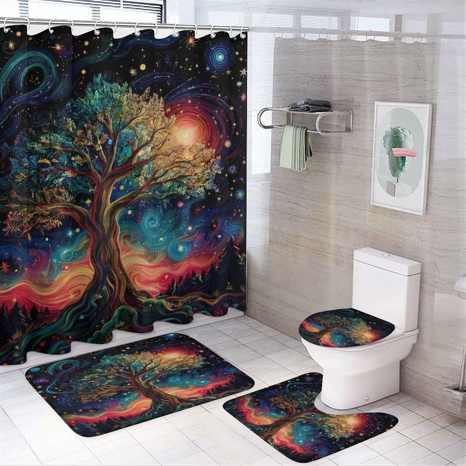 Luyysky Fantasy Galaxy Tree Of Life Shower Curtain Decor Set,Colorful Mandala Oil Painting Constellation Nebula Print Bathroom Decor Sets With Rugs,Bathroom Shower Curtain Set