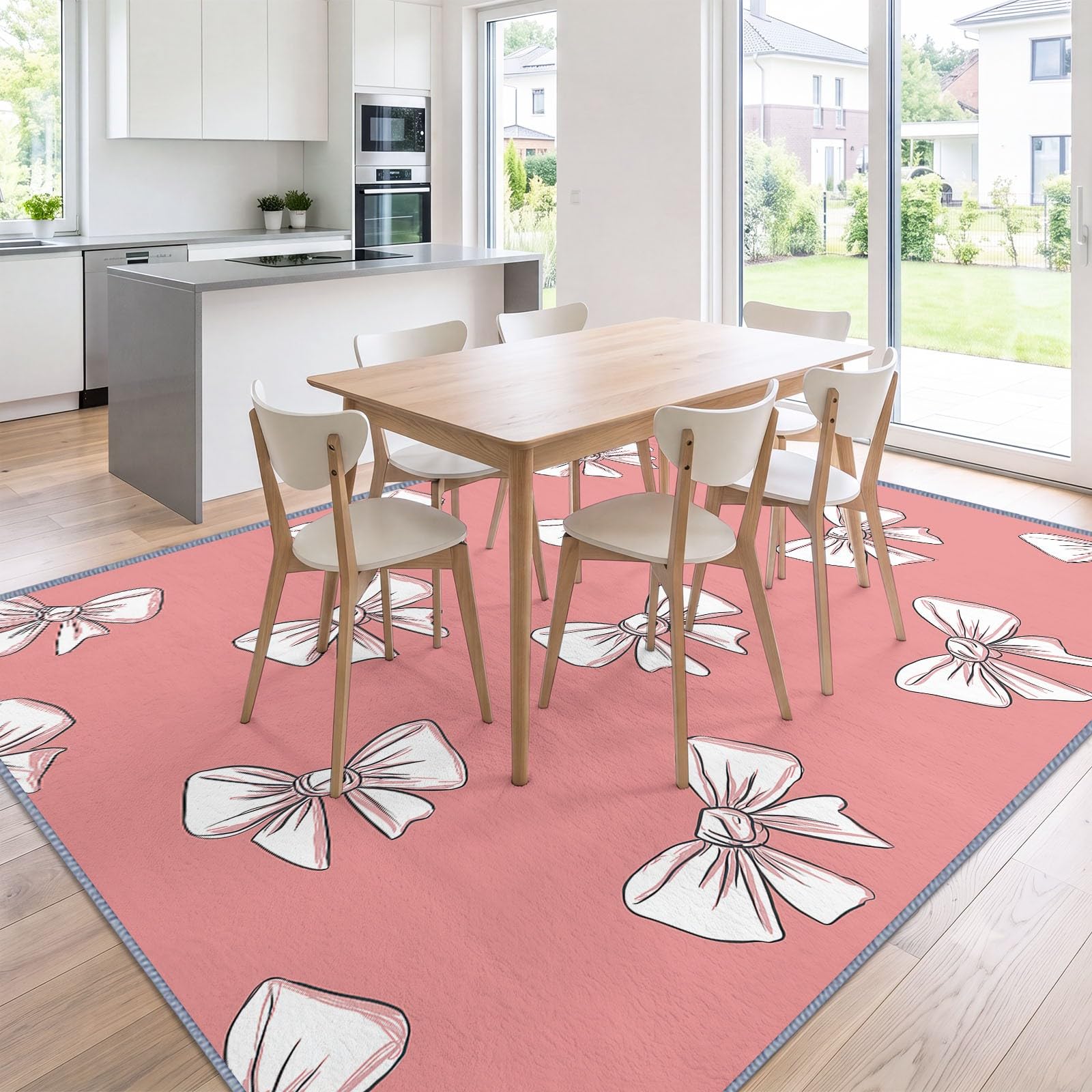 Generisch Minimalistisch niedlich Teppich Pflegeleichter Stilvolle Wahl, Weiße Schleife rosa Hintergrund Kurzflor Waschbar Teppich 240 x 300 cm Weich und ideal für Wohnzimmer Schlafzimmer Esszimmer