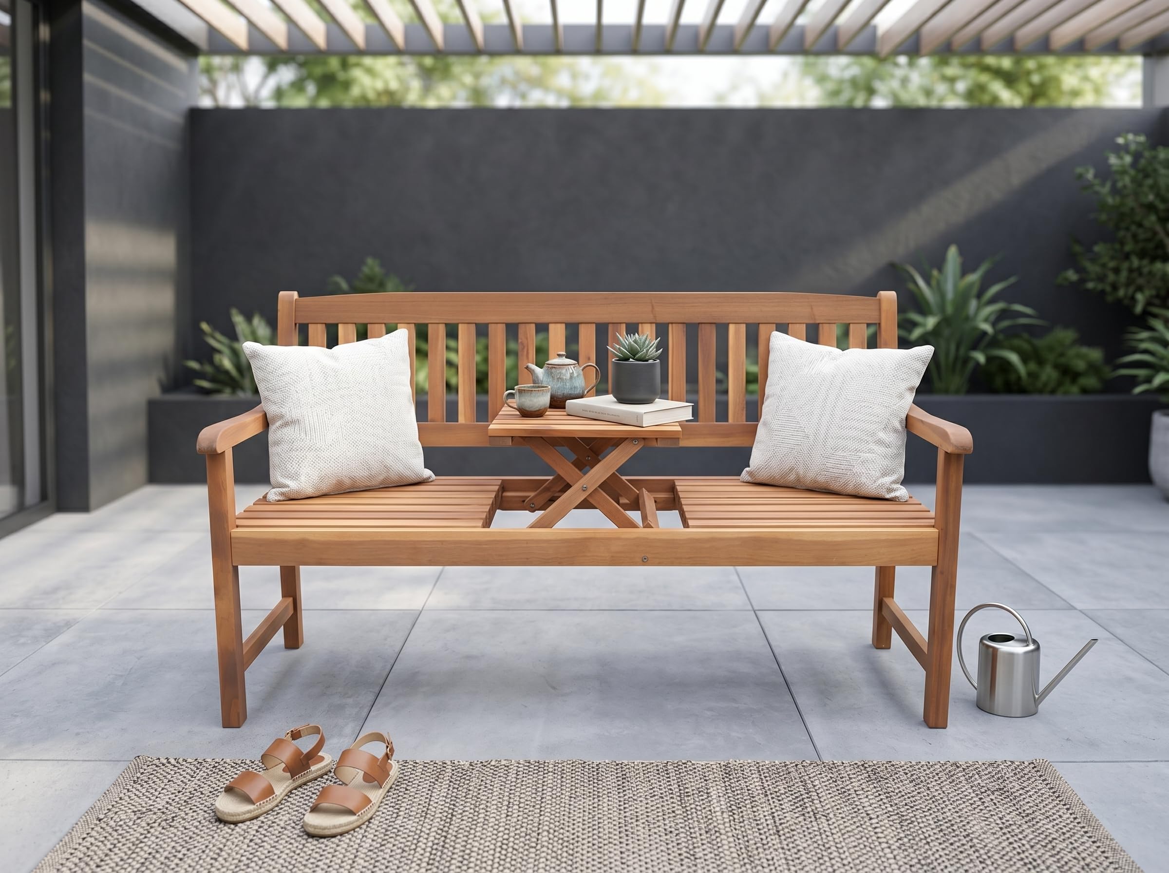 Banco de jardín de 2 plazas con mesa plegable de madera de acacia, 153 x 57 x 88 cm