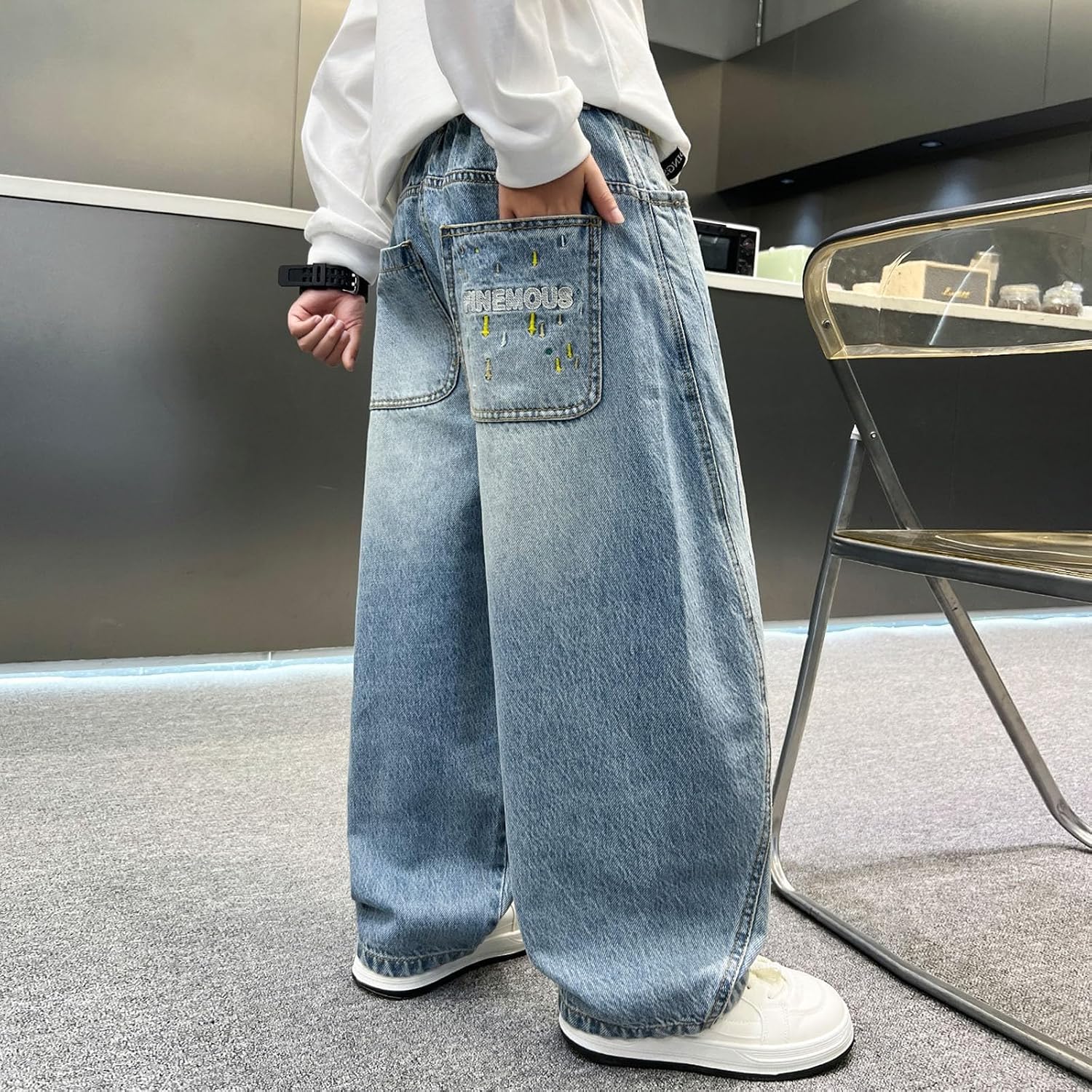 Boys Wide Leg Pants Straight Denim Jeans for Kids Fashion Loose Fit Casual Trousers Elastic Waist Long Pants