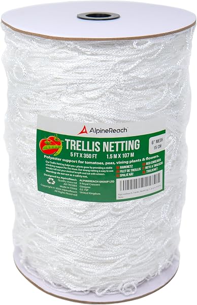 AlpineReach Trellis Netting 5 x 15 Feet Heavy Duty Polyester White - 6 Inch Mesh Support Twine for Growing High Yield To