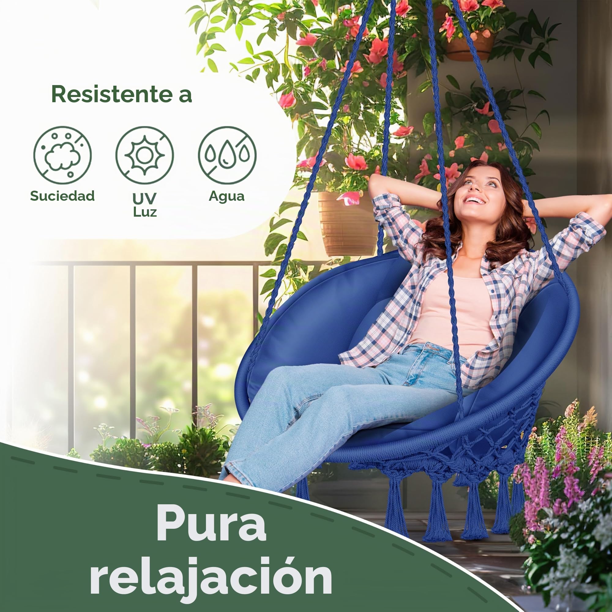 KESSER® Silla Colgante 150kg con 2 Anillas de Acero Cojín Trenzado Flecos Hamaca Columpio Cesta Colgante Jardín Interior Resistente a la Intemperie e Impermeable, Azul Marino