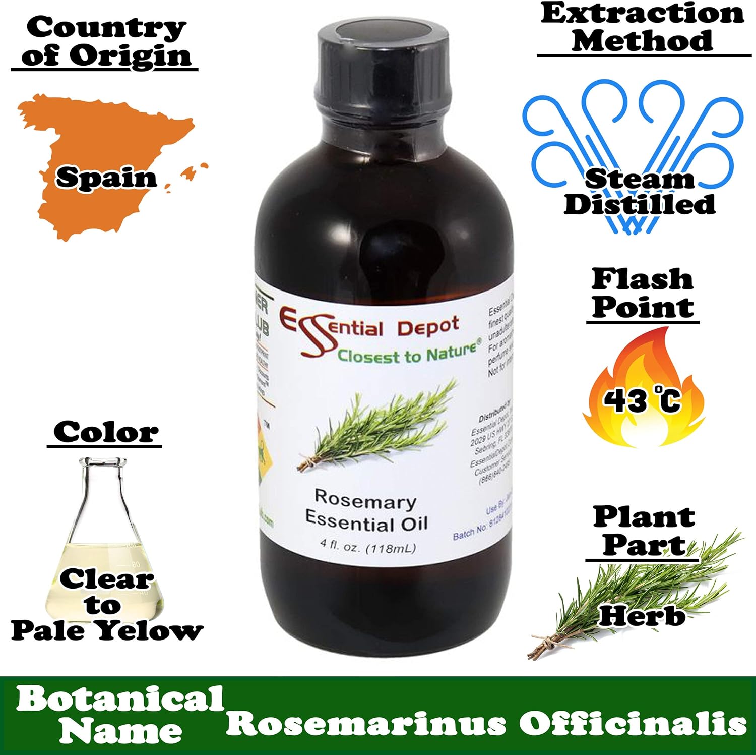 Essential Depot Rosemary Essential Oil - GC/MS Tested - Supplied in 4 oz. Amber Glass Bottle with Black Phenolic Cone Lined and Safety Sealed Cap