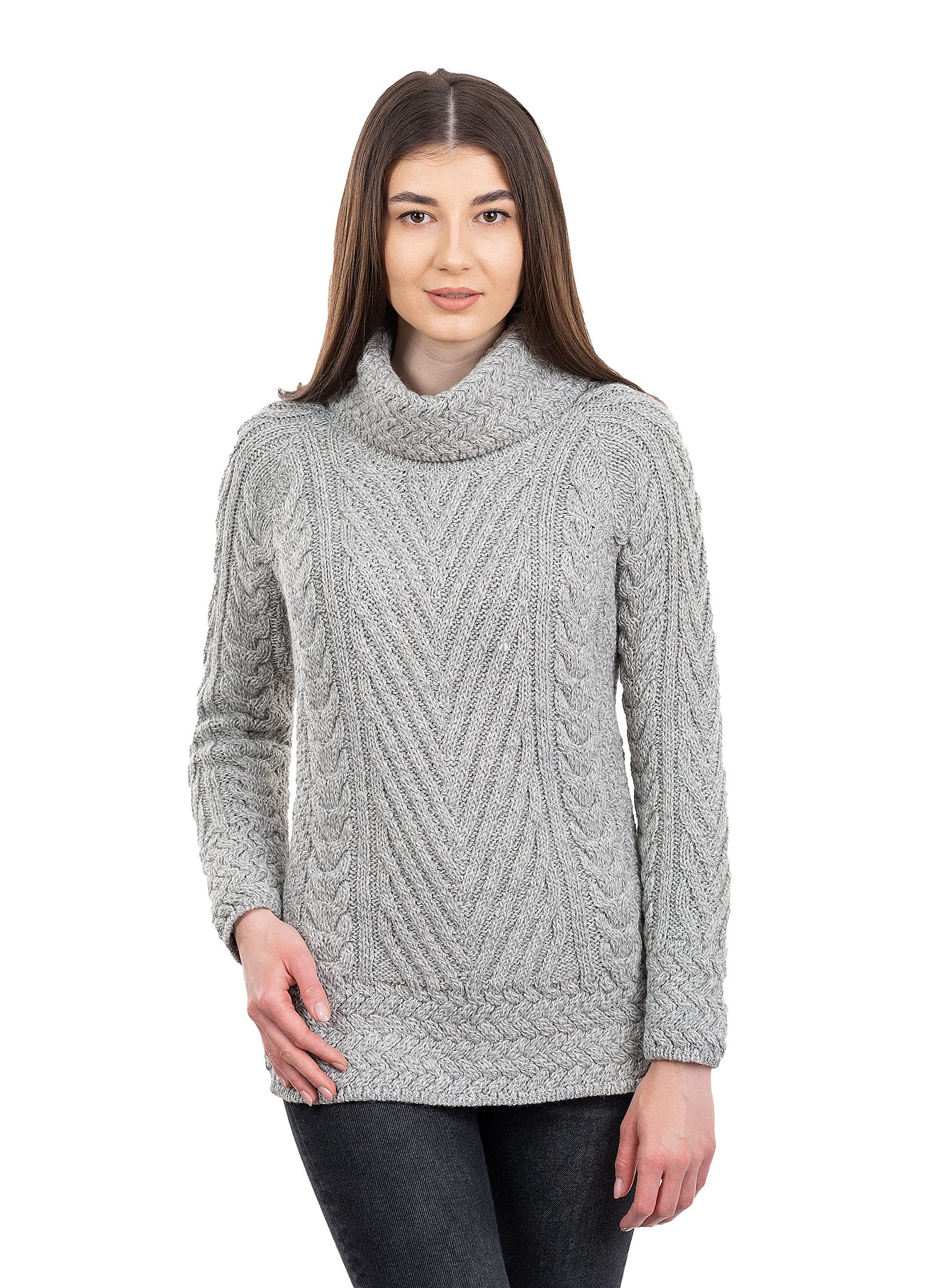 SAOL Maglione da donna lavorato a maglia irlandese a coste a collo alto