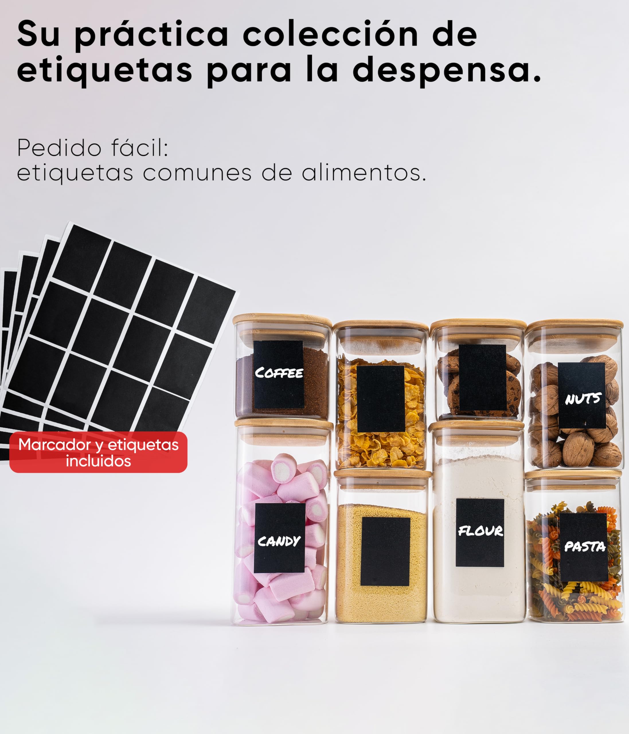 Deco haus® Tarros de Cristal con Tapa hermética, Juego de 8 [+ Etiquetas], Botes Cocina Almacenaje, Tarros Cristal con Tapa de Madera, Frascos de vidrio Apto para Harina, Café, Pasta