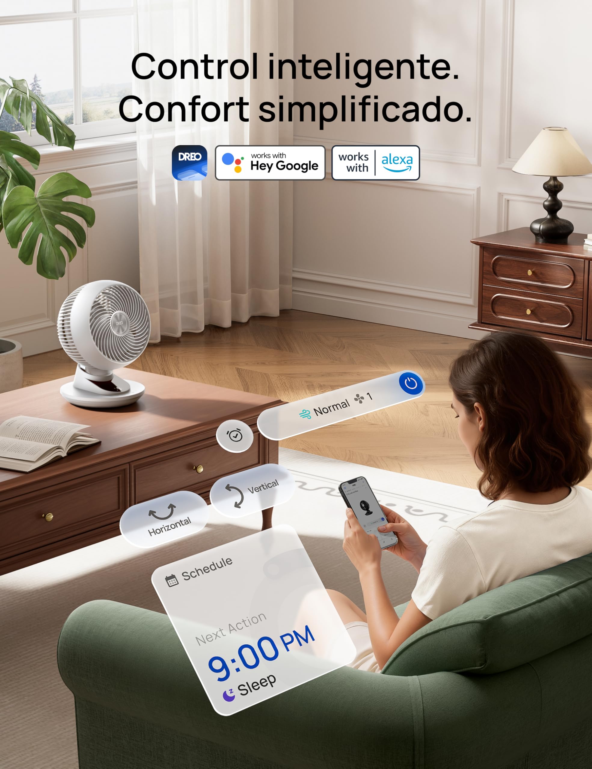 Dreo Ventilador de Mesa 3D para Dormitorio, Aire Potente 8.8 m/s, Ultra Silencioso 22 dB, Oscilación 90°, Control por App y Voz, 9 Velocidades, Temporizador 8/12 h, Ideal para Hogar y Oficina