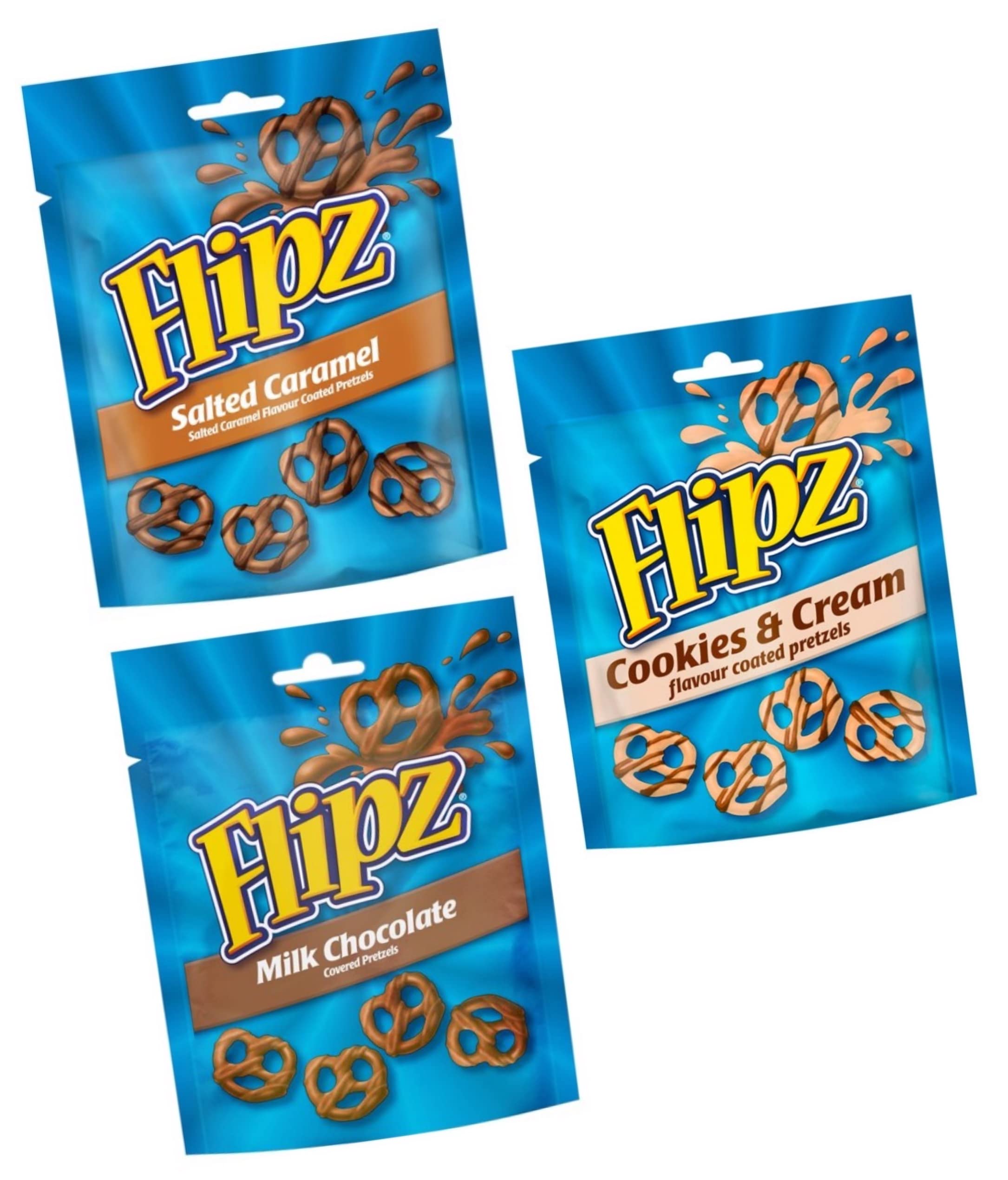 Flipz Lot de 3 sachets de 90 g de chocolat au lait, biscuits et crème au caramel salé